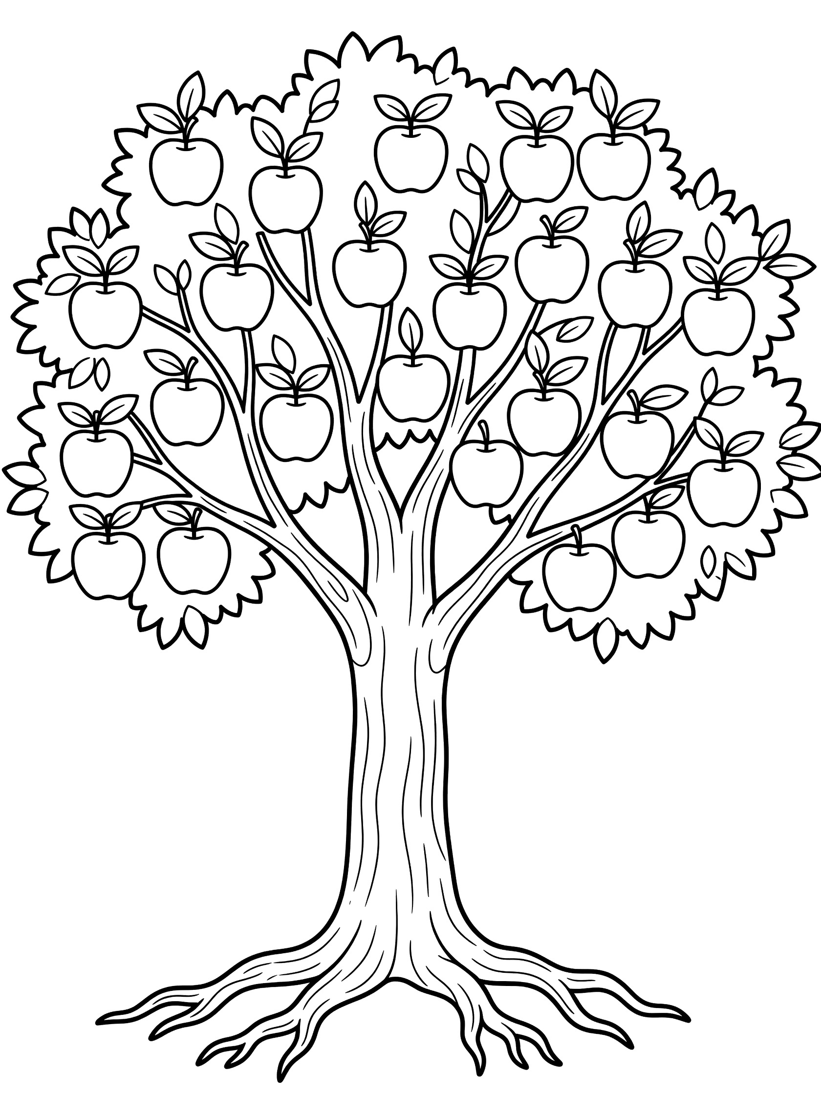 Black and white line drawing of an apple tree with thick trunk, spreading branches full of round apples, bushy leaves, and visible roots.