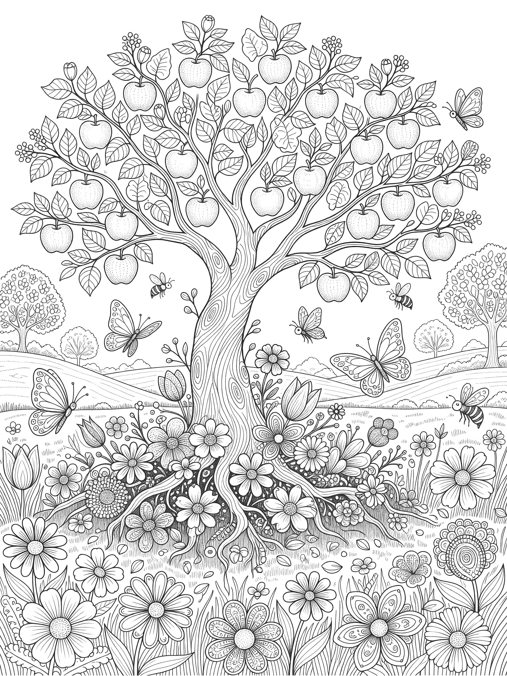 Black and white line art coloring page of an apple tree with gnarled trunk, branches full of apples, heart-shaped leaves, flowery base with blooming flowers and vines, butterflies, bees, and rolling hills.