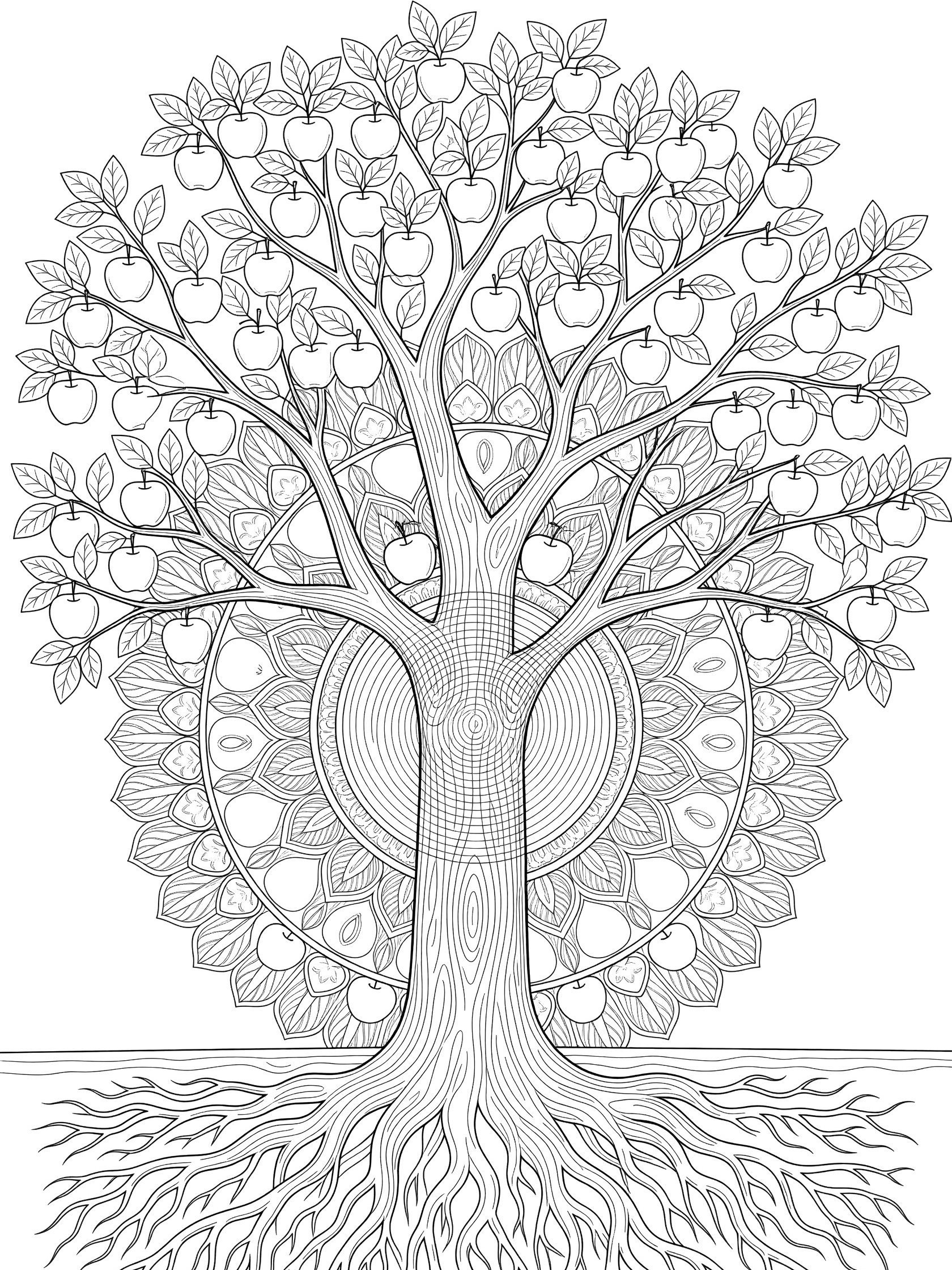 Detailed line art cross-section of an apple tree showing roots in soil, trunk rings, branches with apples and leaves, symmetrical mandala patterns.