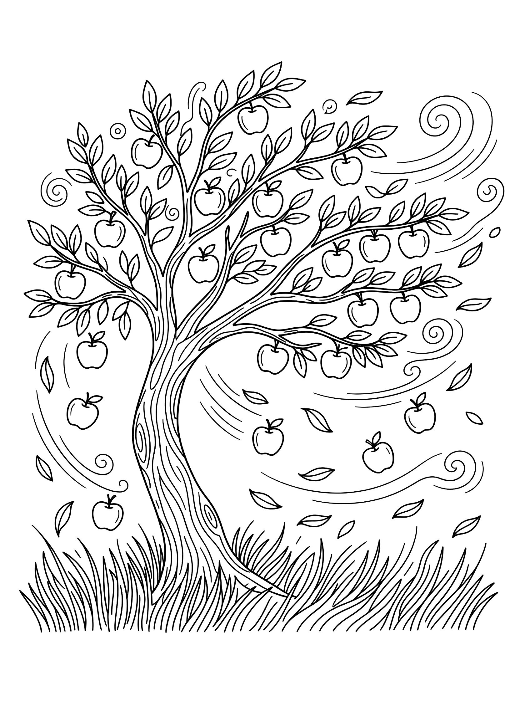 Black and white coloring page of an apple tree leaning in the wind, apples tumbling down, leaves swirling, and wavy grass at the base.