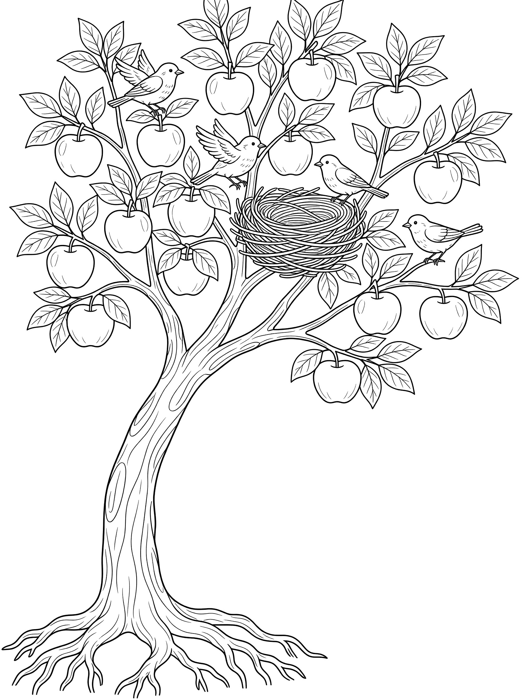 Black and white line art coloring page of an apple tree with curved trunk, exposed roots, branches full of apples and leaves, birds nest, and small birds perched on branches.