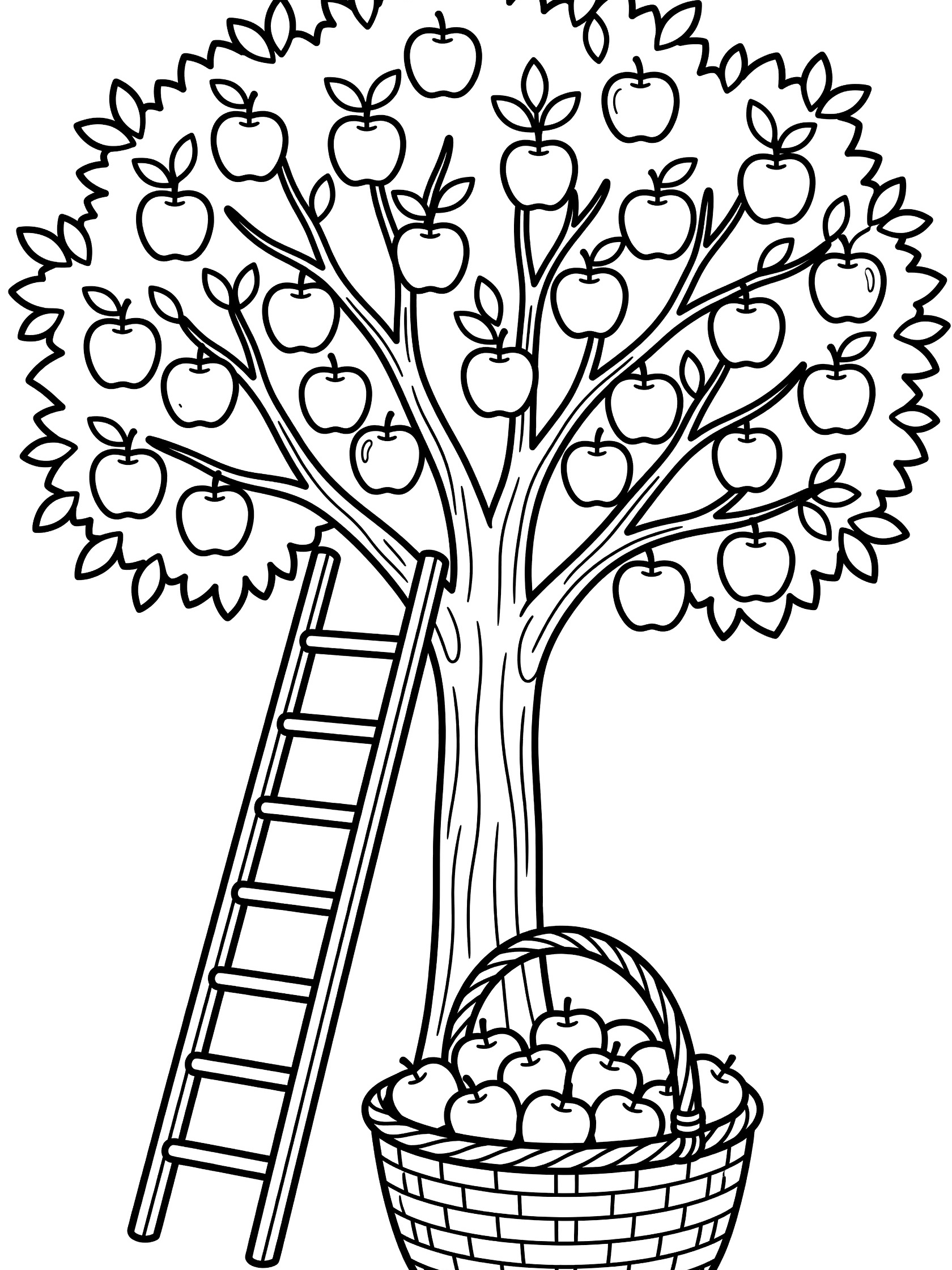 Black and white line art coloring page showing a tree with many round apples in branches, wooden ladder against trunk, and woven basket filled with apples on ground.