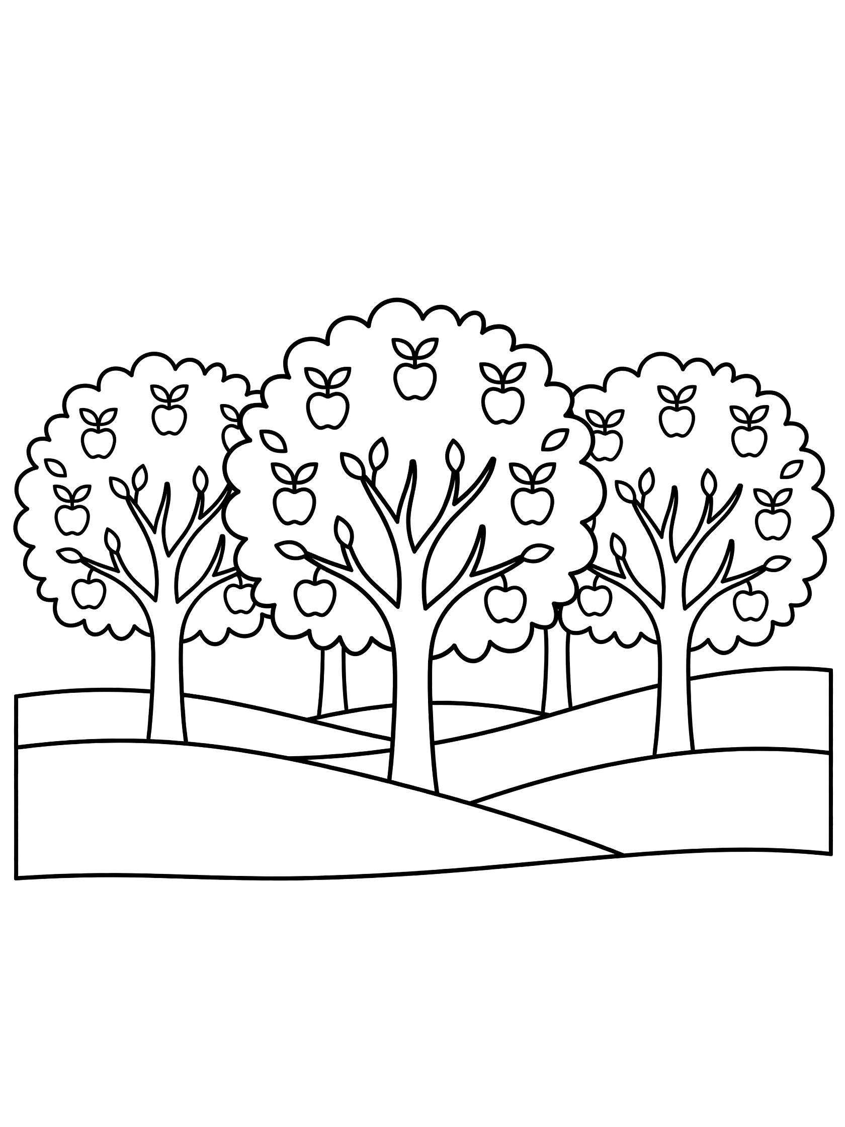 Black and white line art coloring page showing three apple trees loaded with round apples and bushy leaves standing on wavy hills.