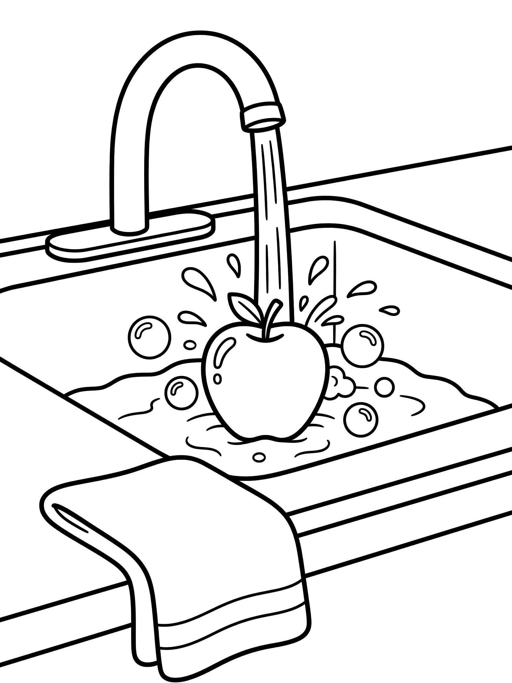 Black and white line art coloring page showing an apple being washed under a stream of water from a kitchen faucet, with splashing droplets, soap bubbles in the sink, and a folded towel nearby