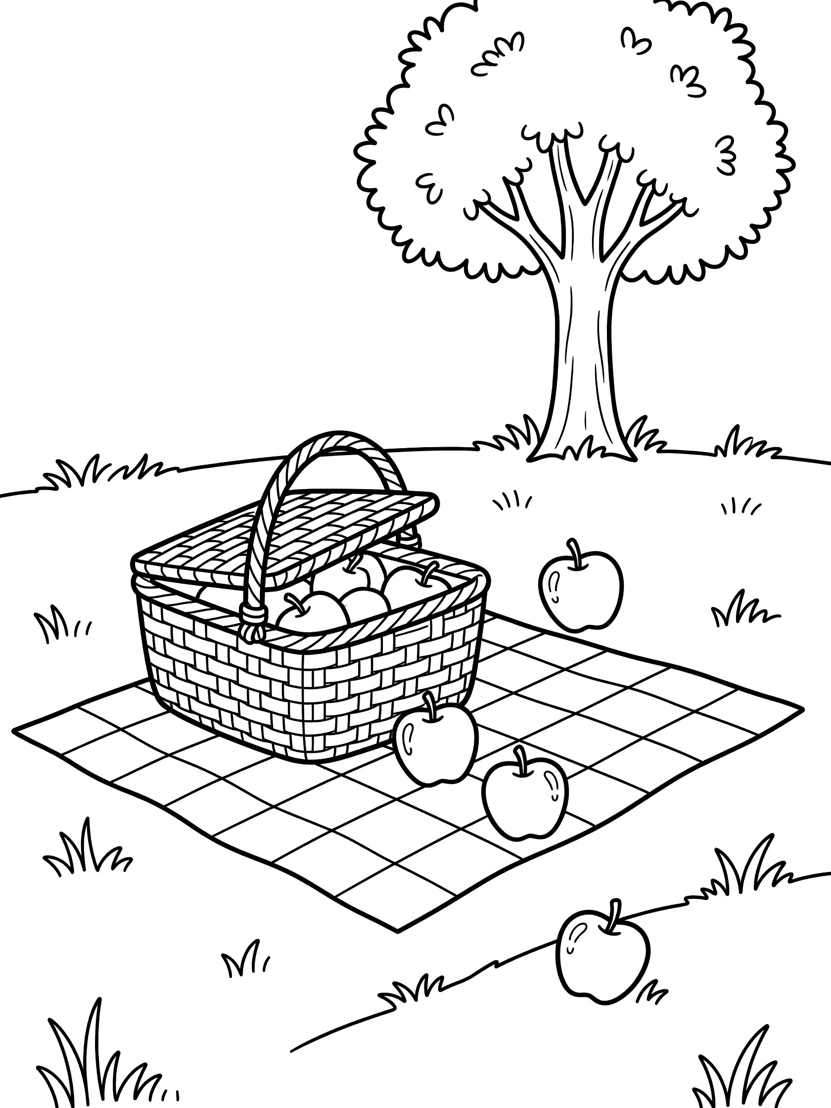 Line art coloring page showing a picnic basket tipping over with apples tumbling out onto a checkered blanket in the grass near a tree