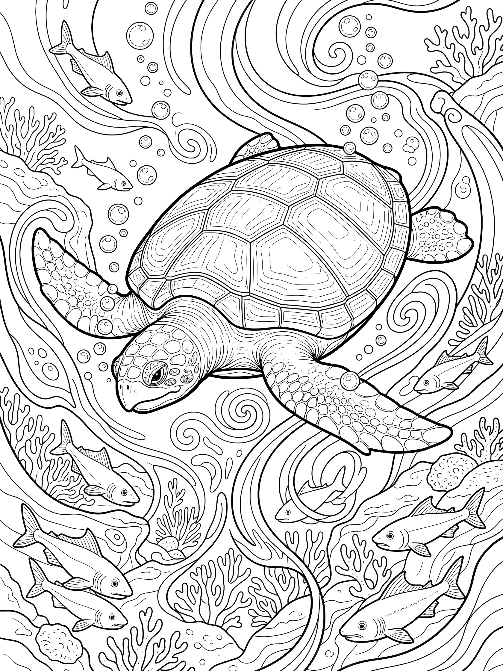 Black and white coloring page of a large Archelon prehistoric turtle swimming downward through ocean currents with flippers extended, surrounded by fish, bubbles, corals, and rocks.
