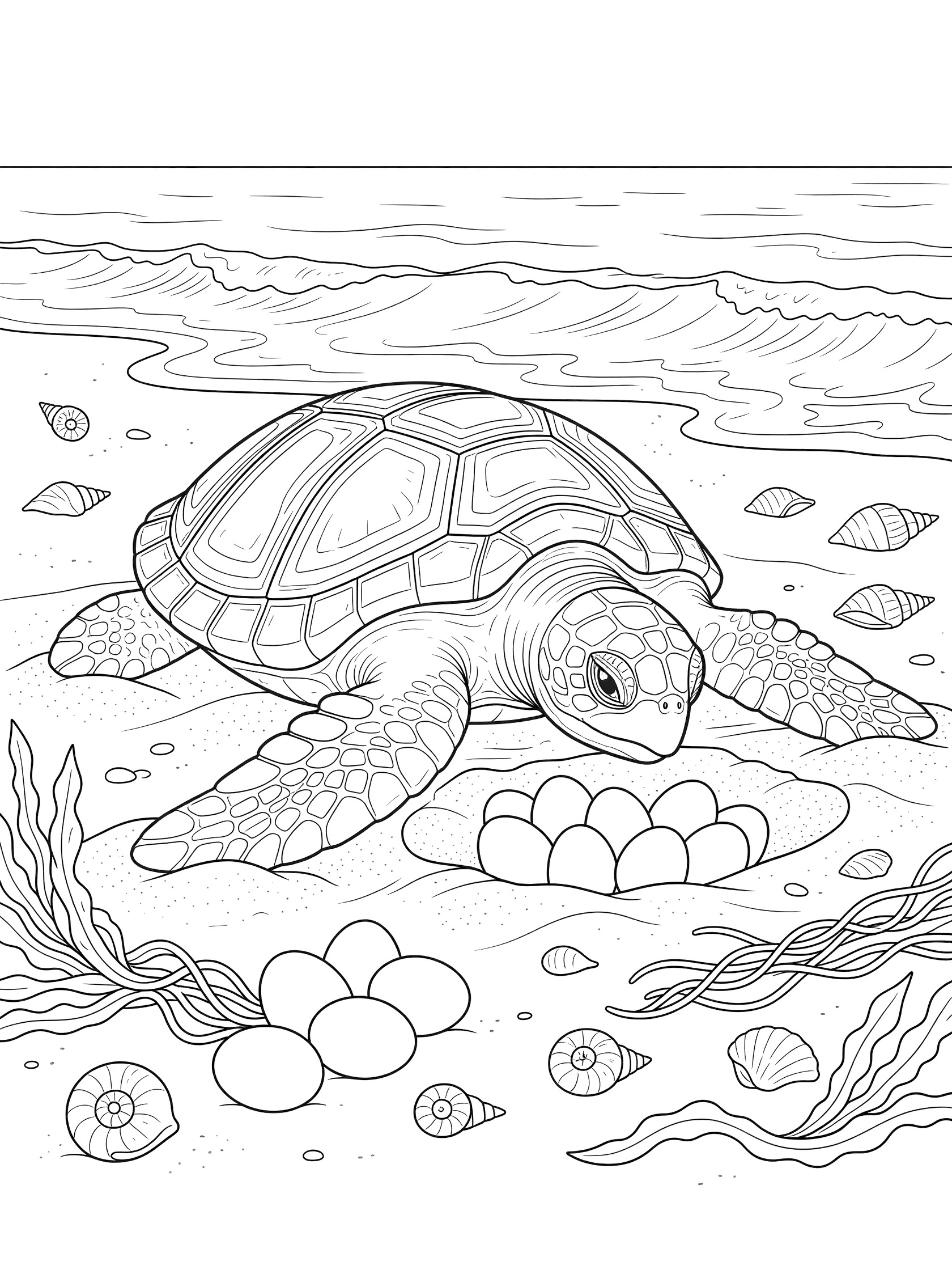 Black-and-white line art of a large Archelon sea turtle crouching on a beach, digging a nest with round eggs, ocean waves, seashells, and seaweed in the background.