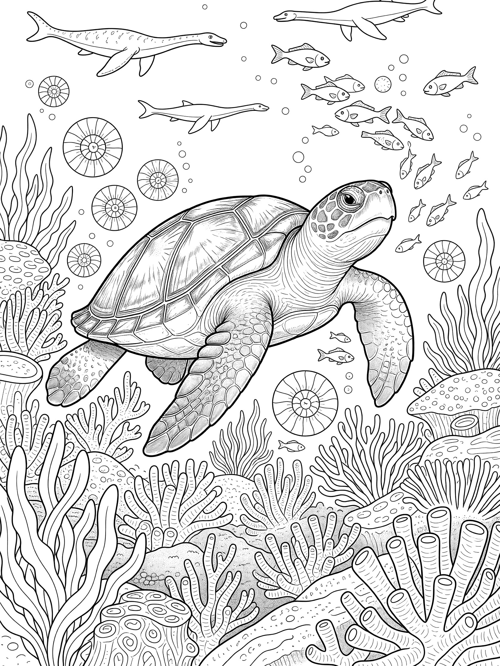 Black and white line art coloring page of a large Archelon sea turtle swimming through prehistoric ocean with schools of fish, ammonites, seaweed, coral, and ancient sea creatures.
