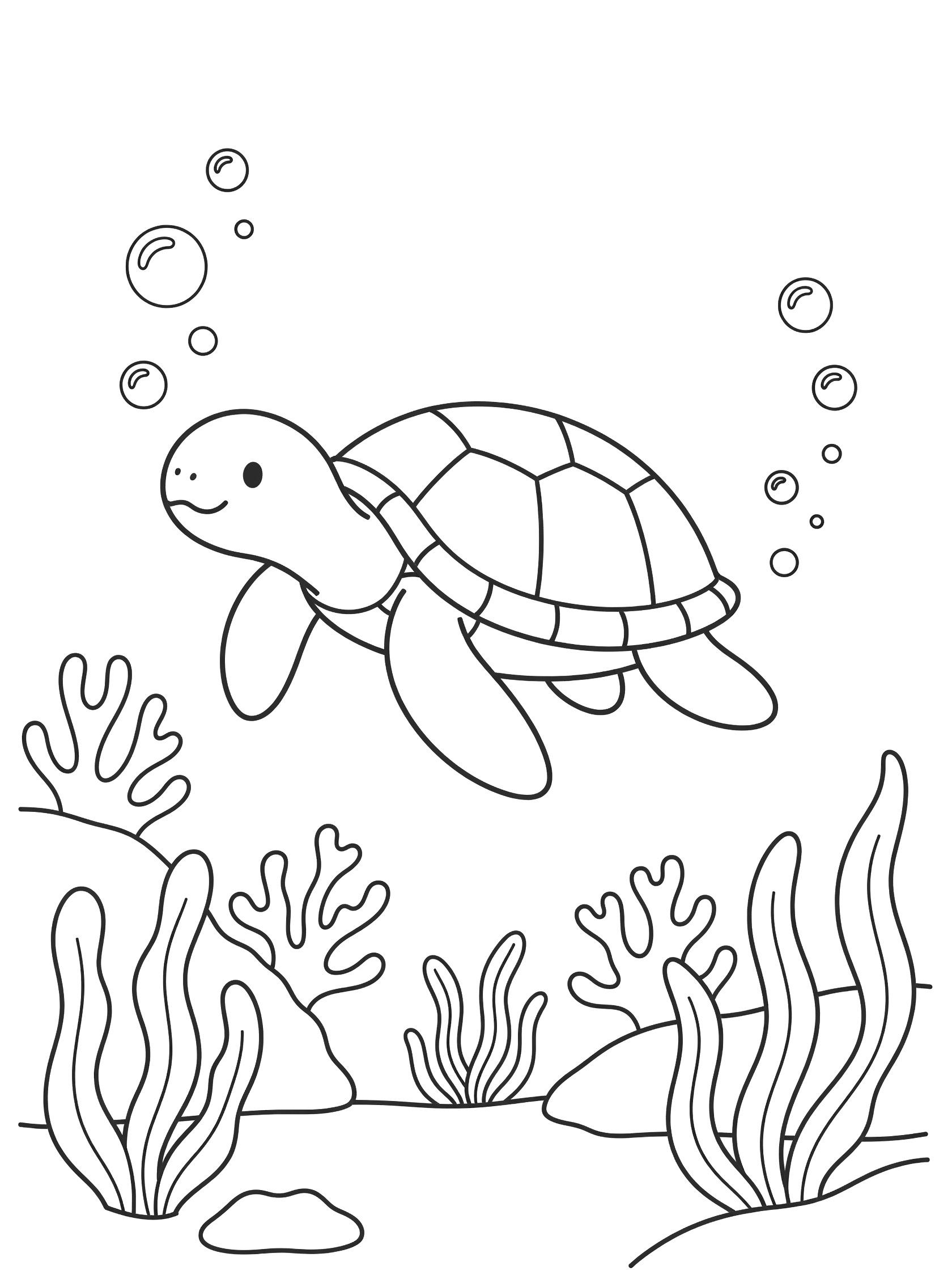 Cute cartoon Archelon swimming gracefully underwater coloring page with flippers, bubbles, seaweed, rocks, and corals in simple line art.