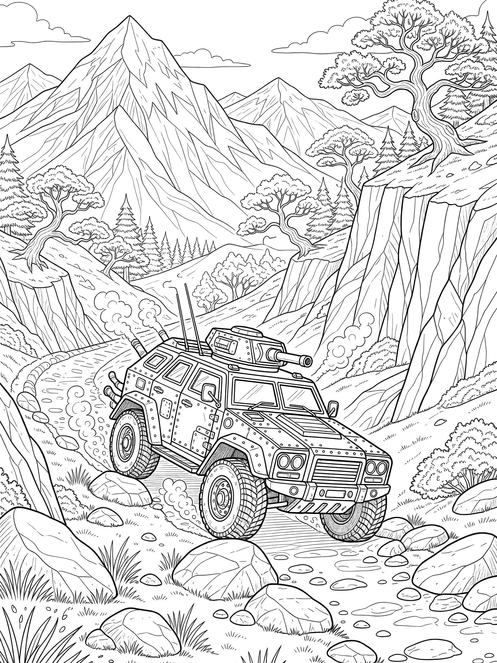 Black and white line art of an armored car with turret and antennas powering up a rocky mountain path surrounded by cliffs, pine trees, and tall snowy peaks