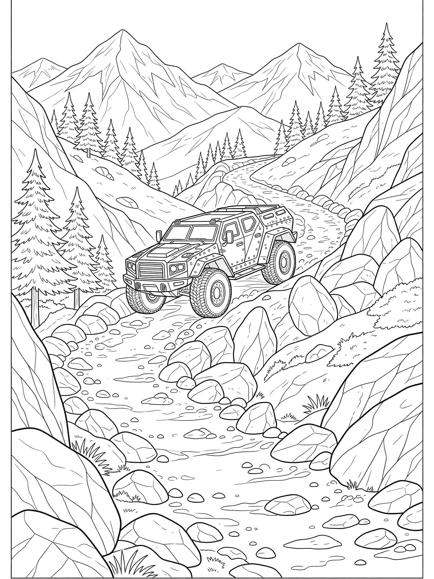Black-and-white coloring page of an armored car with knobby tires climbing a winding rocky mountain path lined with pine trees and boulders, distant peaks in background.
