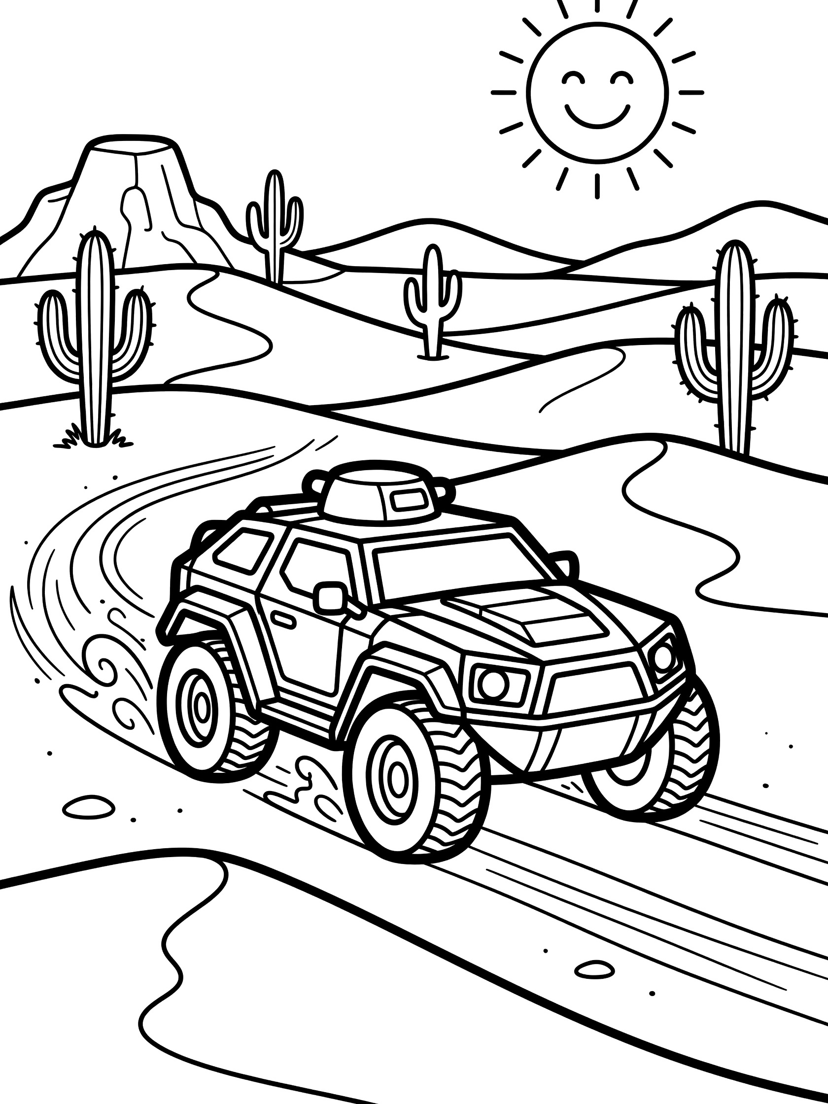 Line art coloring page showing an armored car with rugged wheels and turret speeding across sandy desert dunes, kicking up sand, with cacti, rocky hills, and smiling sun.