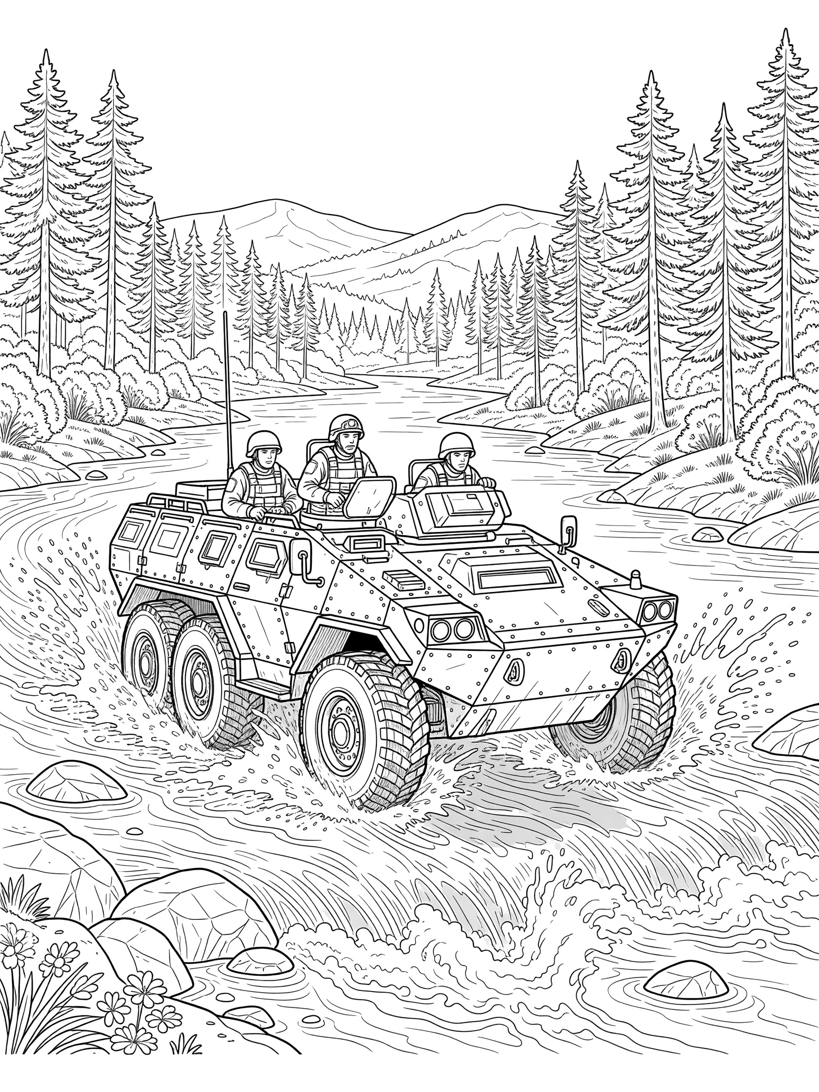Black-and-white line art of a rugged armored car crossing a shallow river, water splashing on treads, soldiers peering from turret and hatches, trees and hills in background.