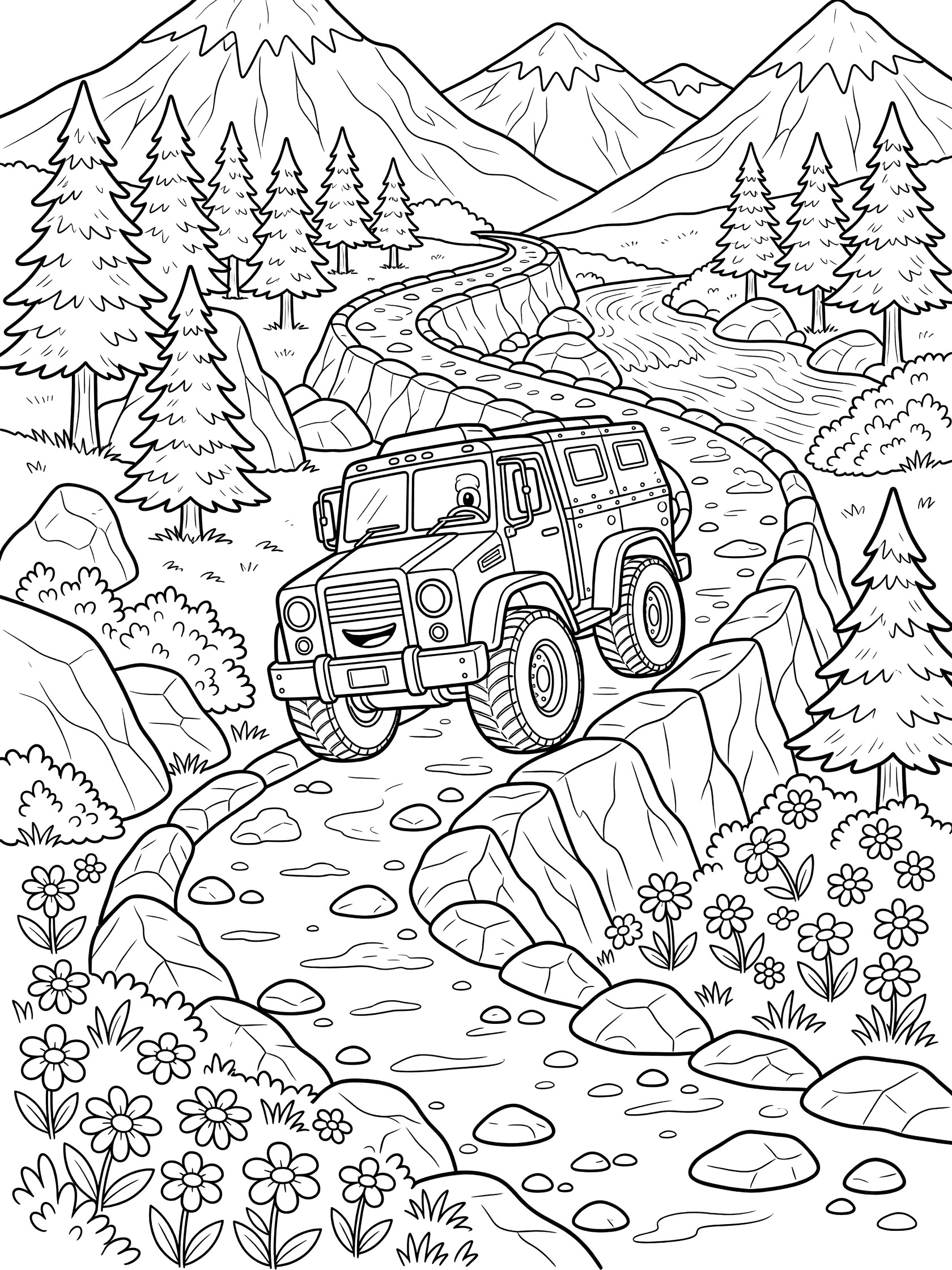 Cartoon armored truck with oversized tires and round headlights driving up a winding rocky trail lined with pine trees, jagged boulders, wildflowers, shrubs, a stream, and distant snowy mountains coloring page