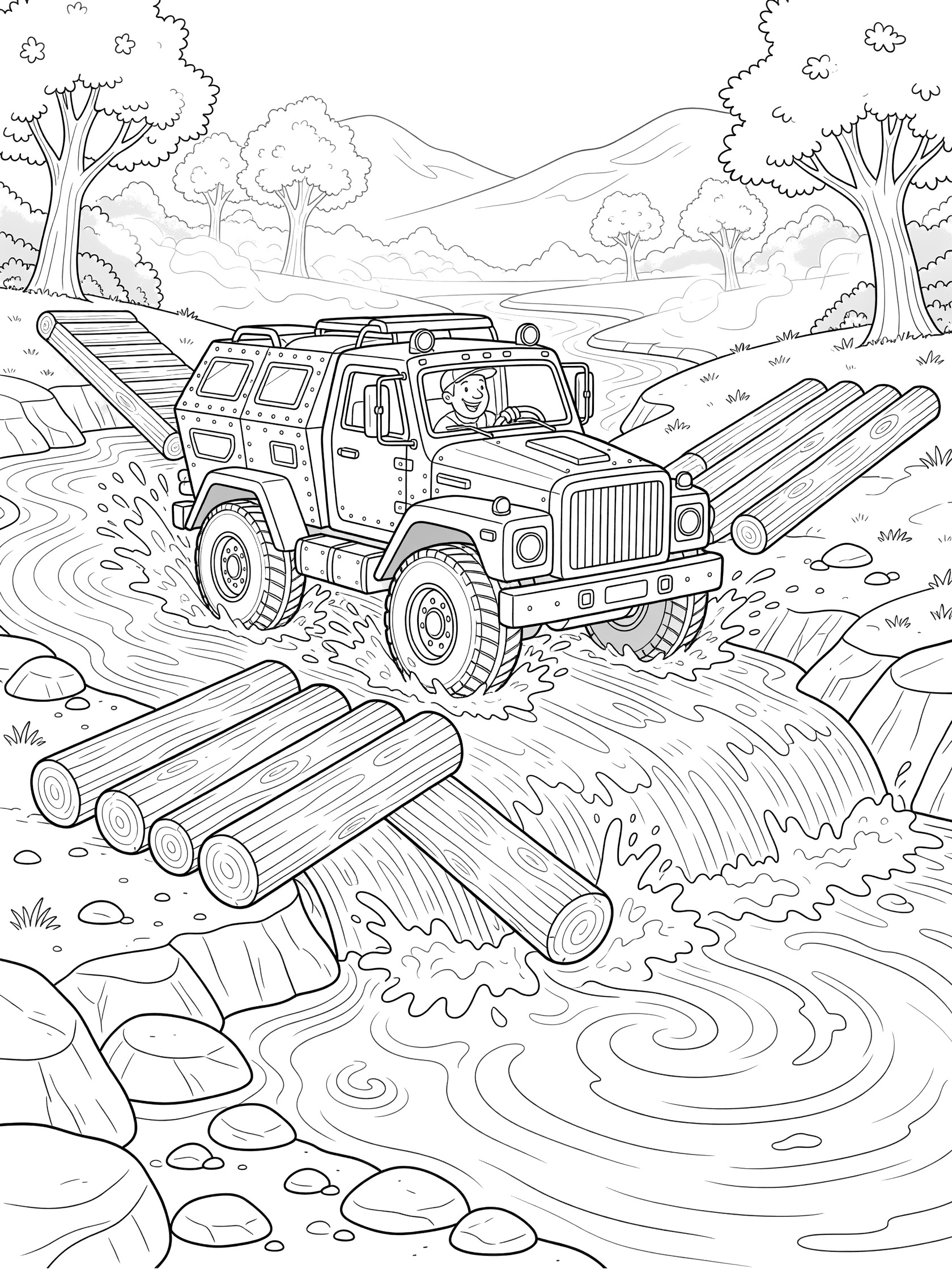 Black and white line art of an armored truck crossing a shallow river on wooden log ramps with big tires splashing water, a driver peeking out, rocky banks, trees, and misty hills.