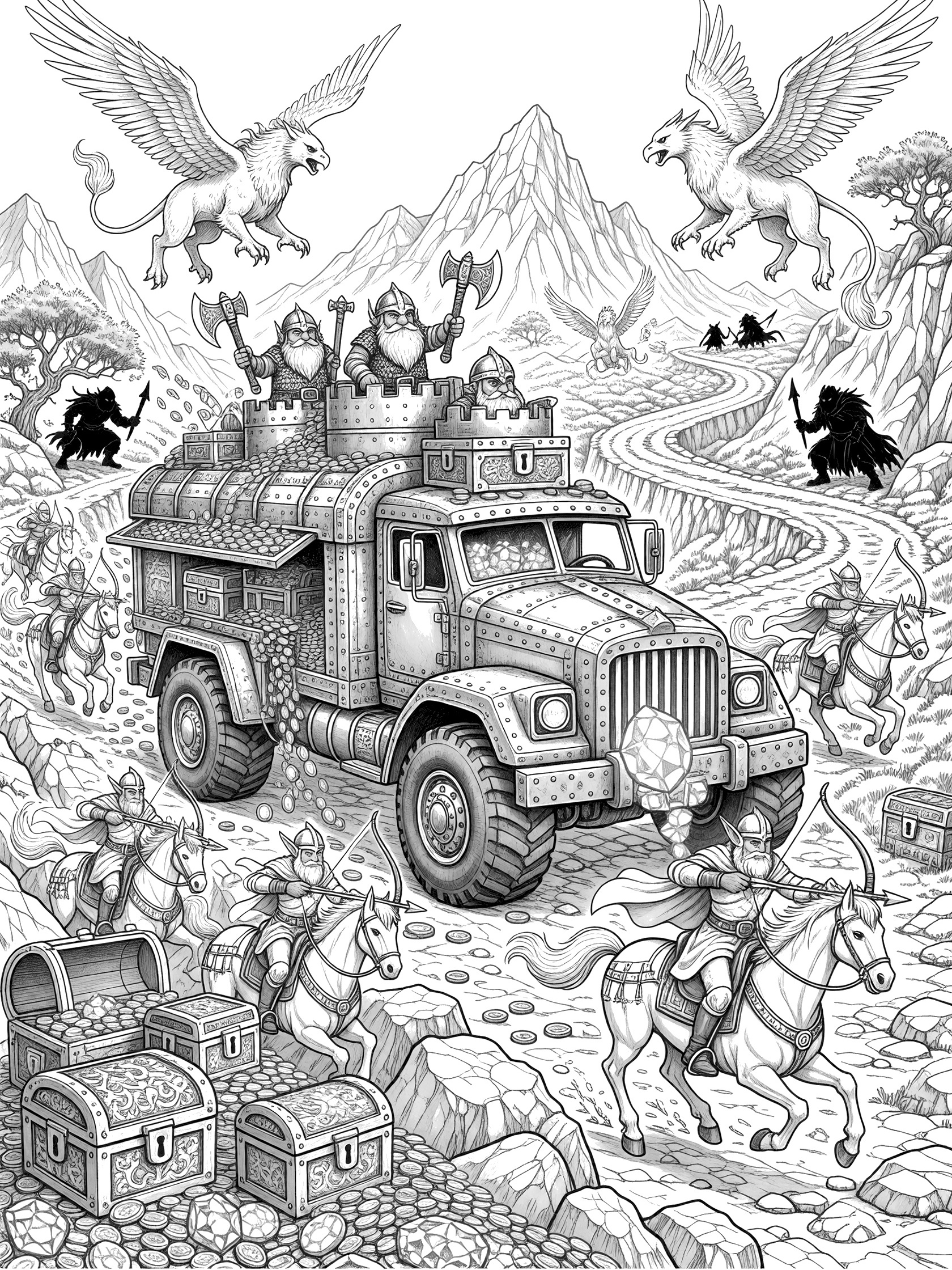 Black and white line art of a detailed armored truck with dwarf guards on top, overflowing treasure chests, big tires on a rocky mountain road, flanked by flying griffins, elf riders on horses, and shadowy bandits.
