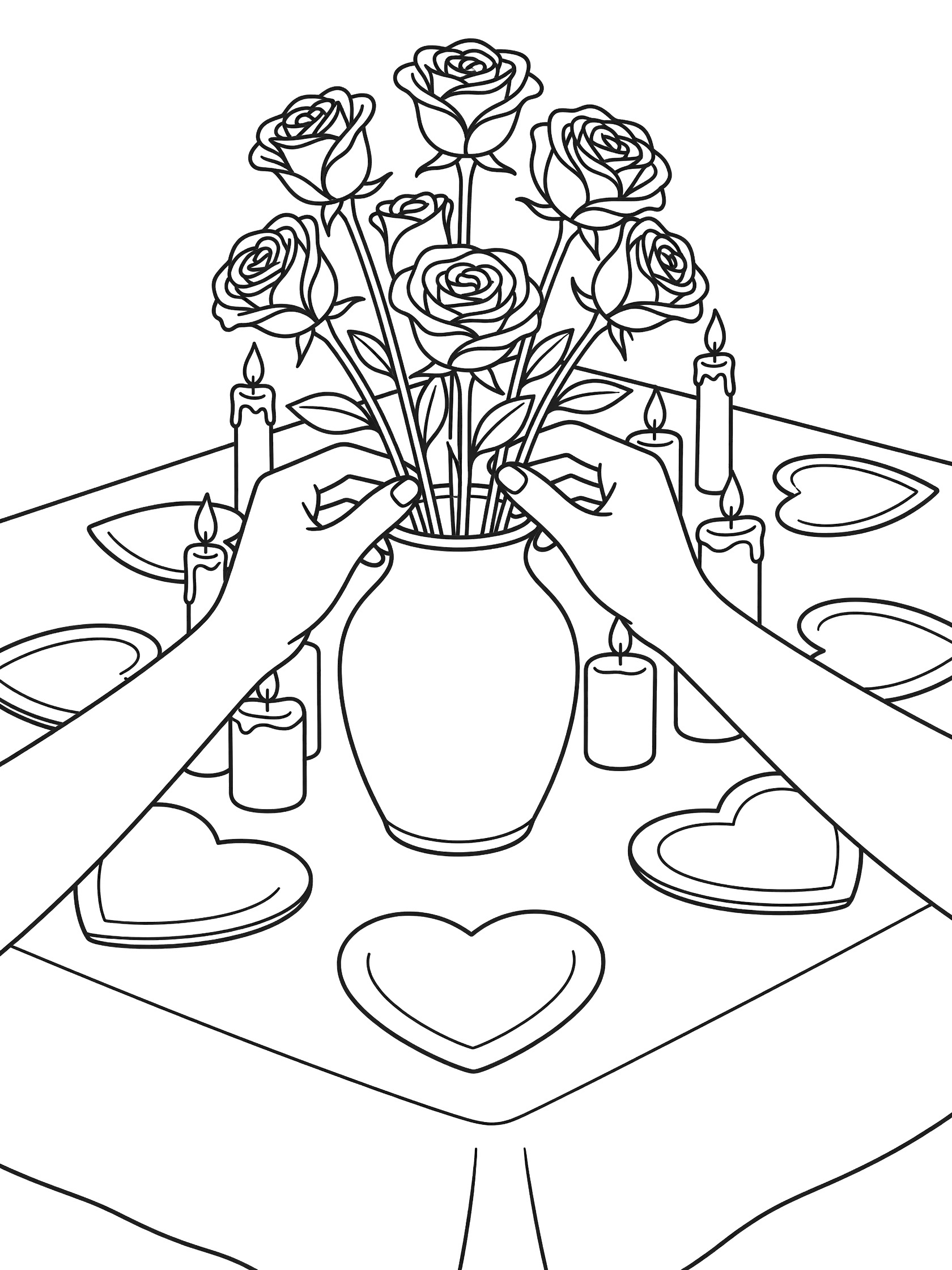 Black-and-white coloring page showing hands placing roses in a vase on a Valentine's Day table with candles, heart-shaped plates, and hearts.