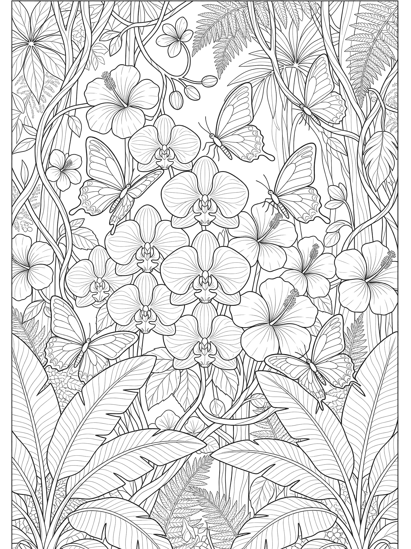 Detailed Asia forests coloring page featuring swallowtail butterflies landing on blooming orchids and hibiscus in a tropical jungle with layered ferns vines and broad banana leaves.