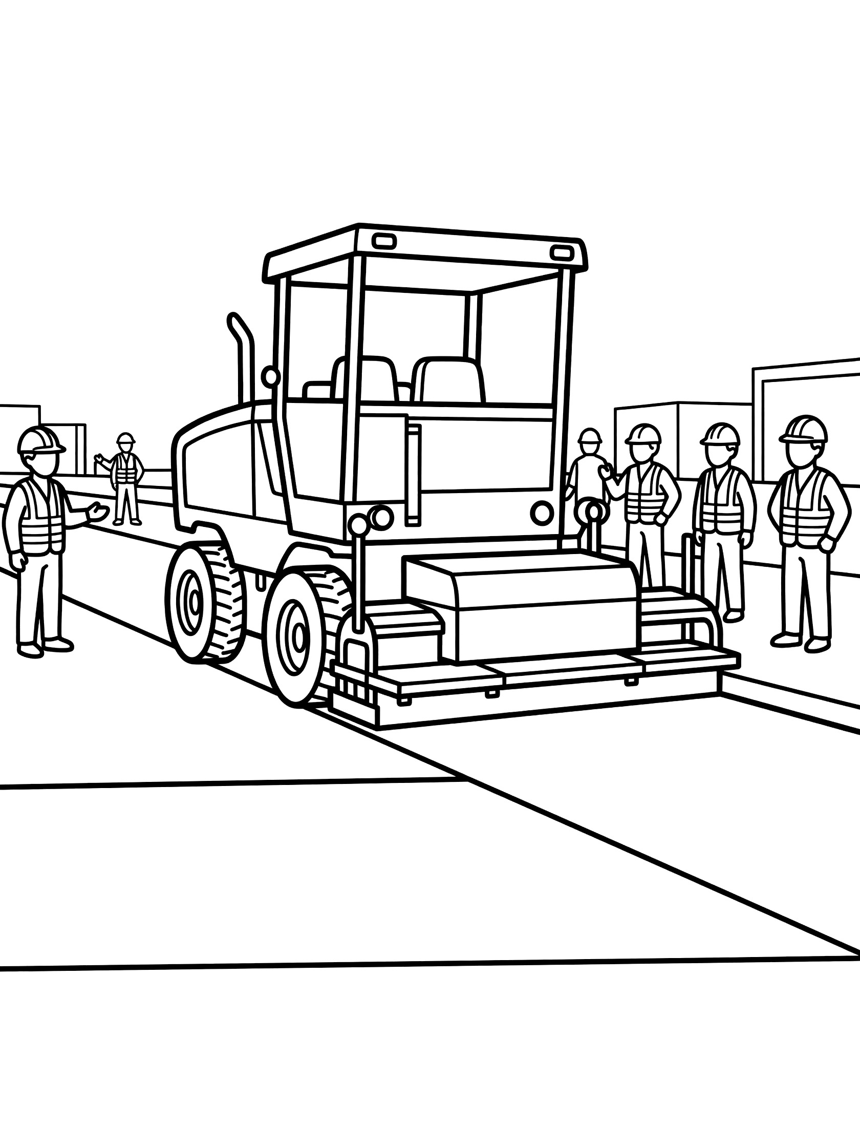 Black and white line art coloring page showing a large asphalt paver machine with big wheels and wide rear plate on a road, surrounded by workers wearing hard hats and vests. Road Roller themed black and white printable line art