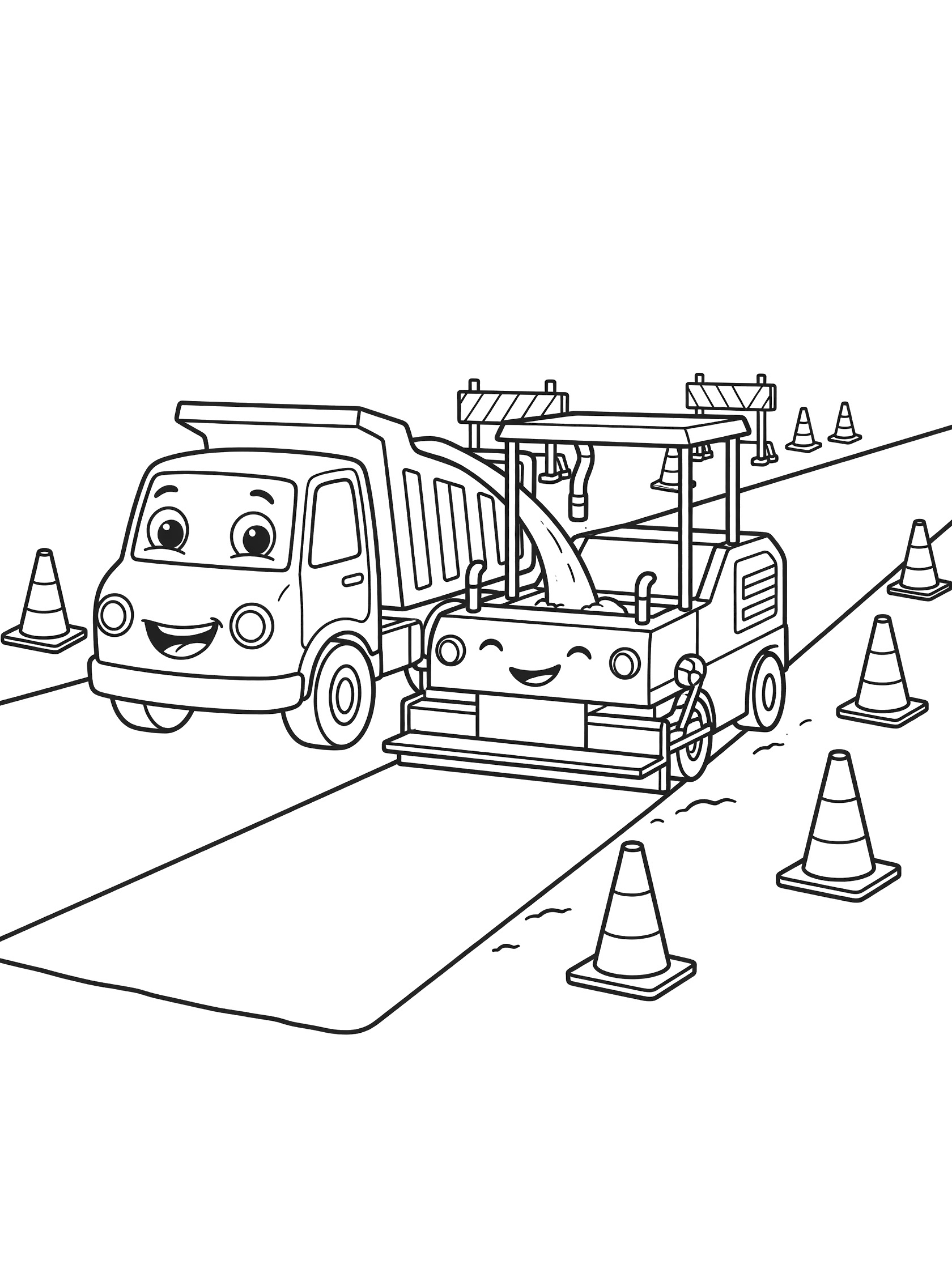 Black and white line art coloring page of a cheerful asphalt paver smoothing road asphalt while a dump truck pours it in, with orange cones and barriers on a sunny site.