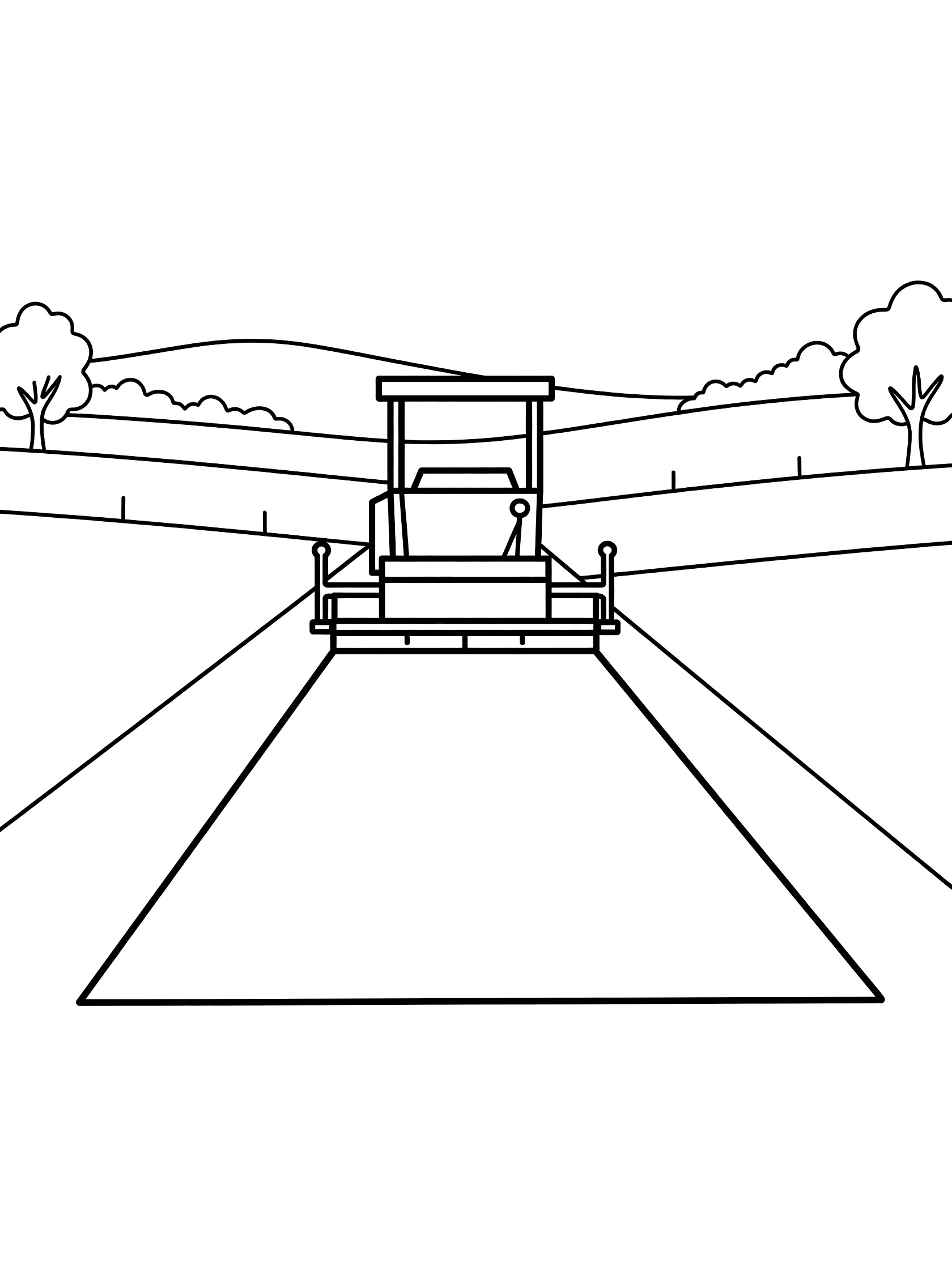 Simple line art coloring page showing an asphalt paver driving forward on a rural road under construction, with grassy fields, trees, gentle hills, and fence posts.