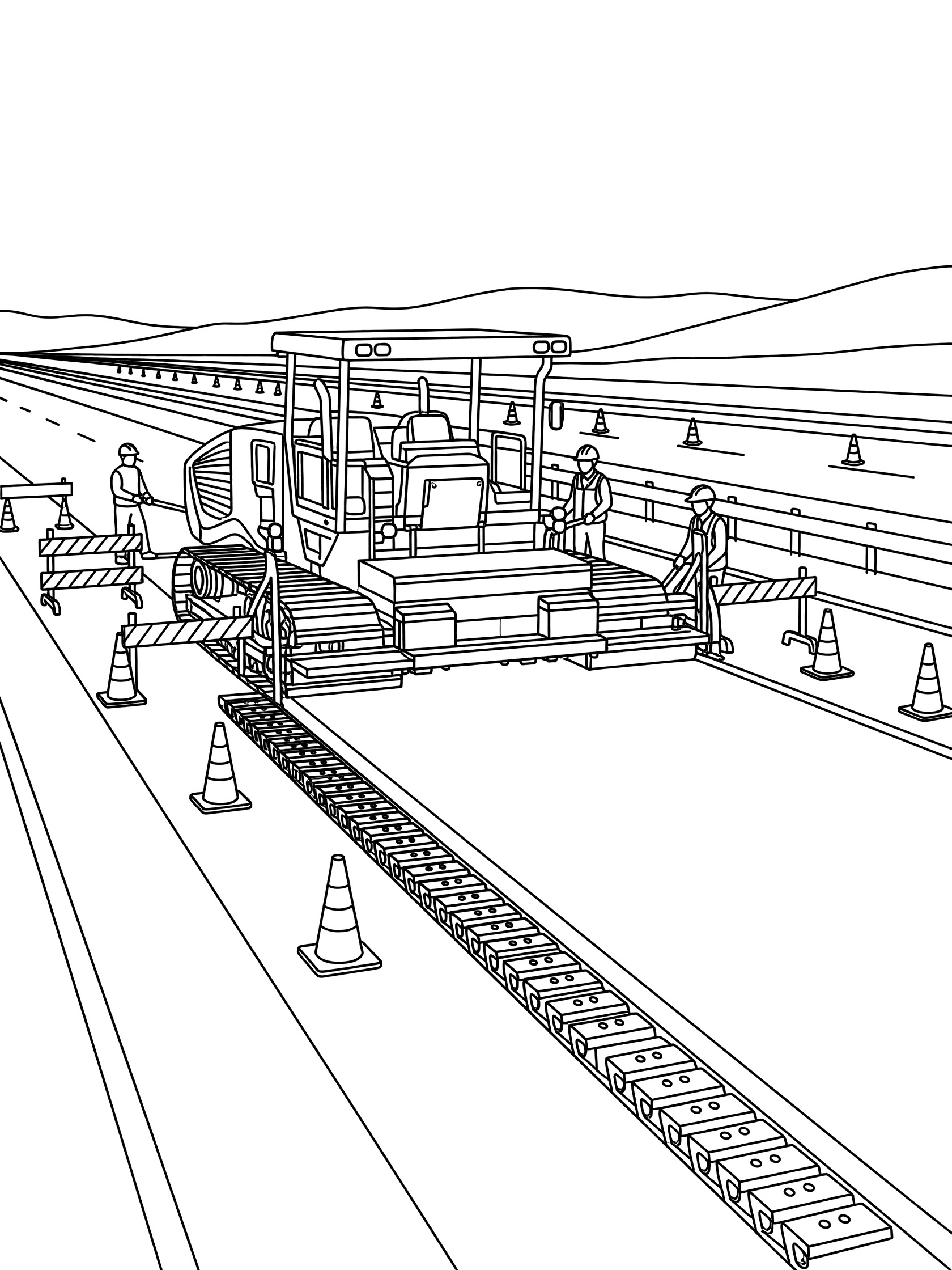 Line drawing of asphalt paver machine leveling asphalt on highway construction site with orange cones, barriers, workers, and distant hills.