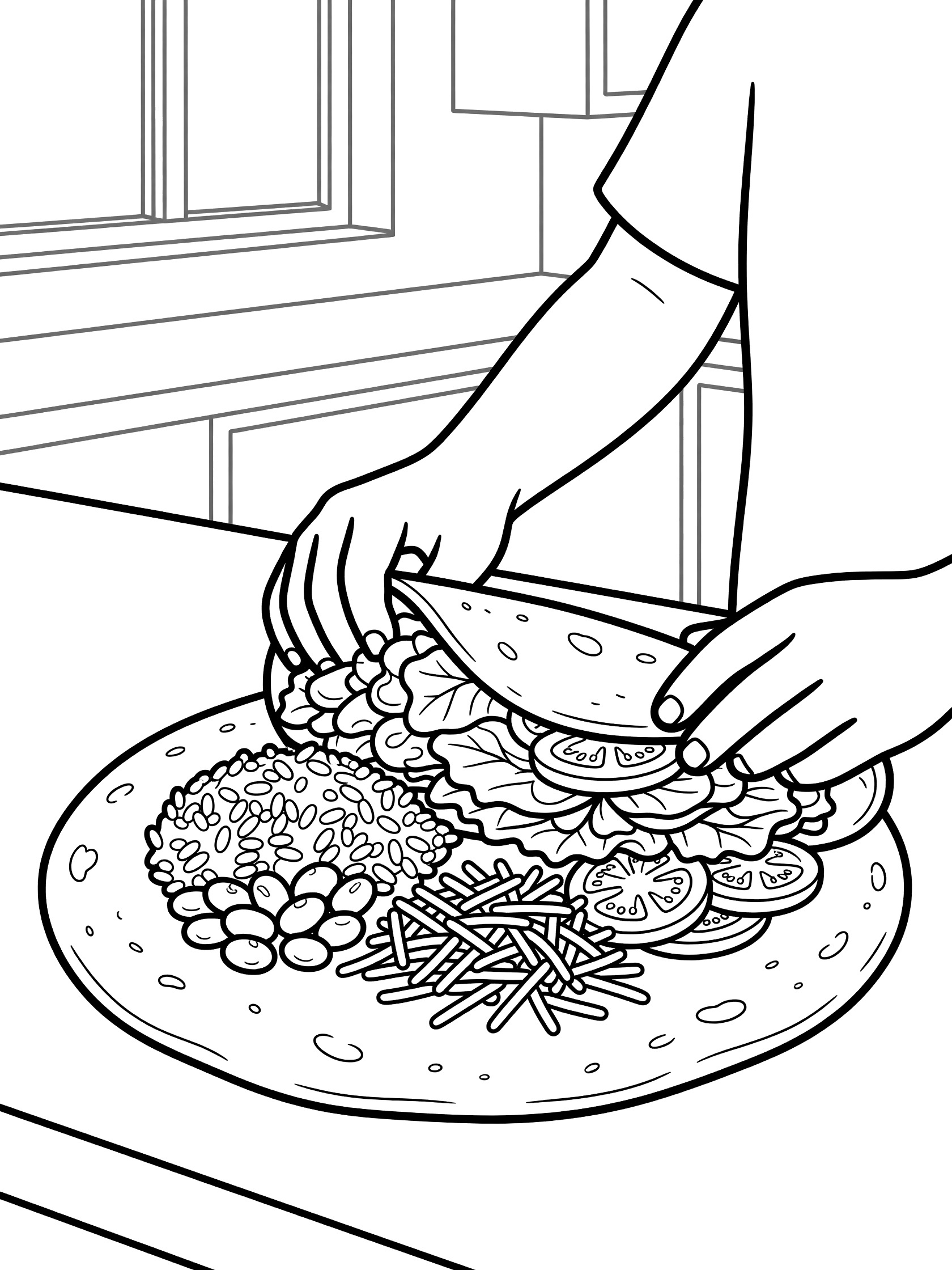 Line art coloring page showing gentle hands folding a tortilla around piles of rice, beans, shredded cheese, lettuce and tomatoes to make a burrito on a sunny kitchen counter.