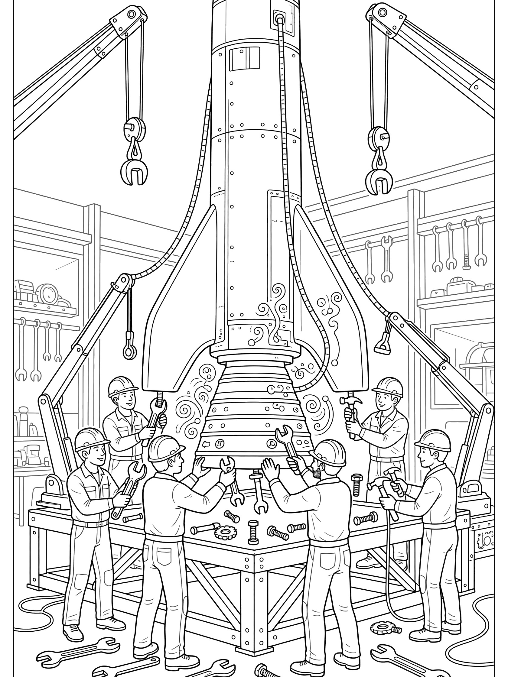Black-and-white line art coloring page showing workers in a workshop attaching a flared engine nozzle to a tall rocket body using cranes, wrenches, and bolts.