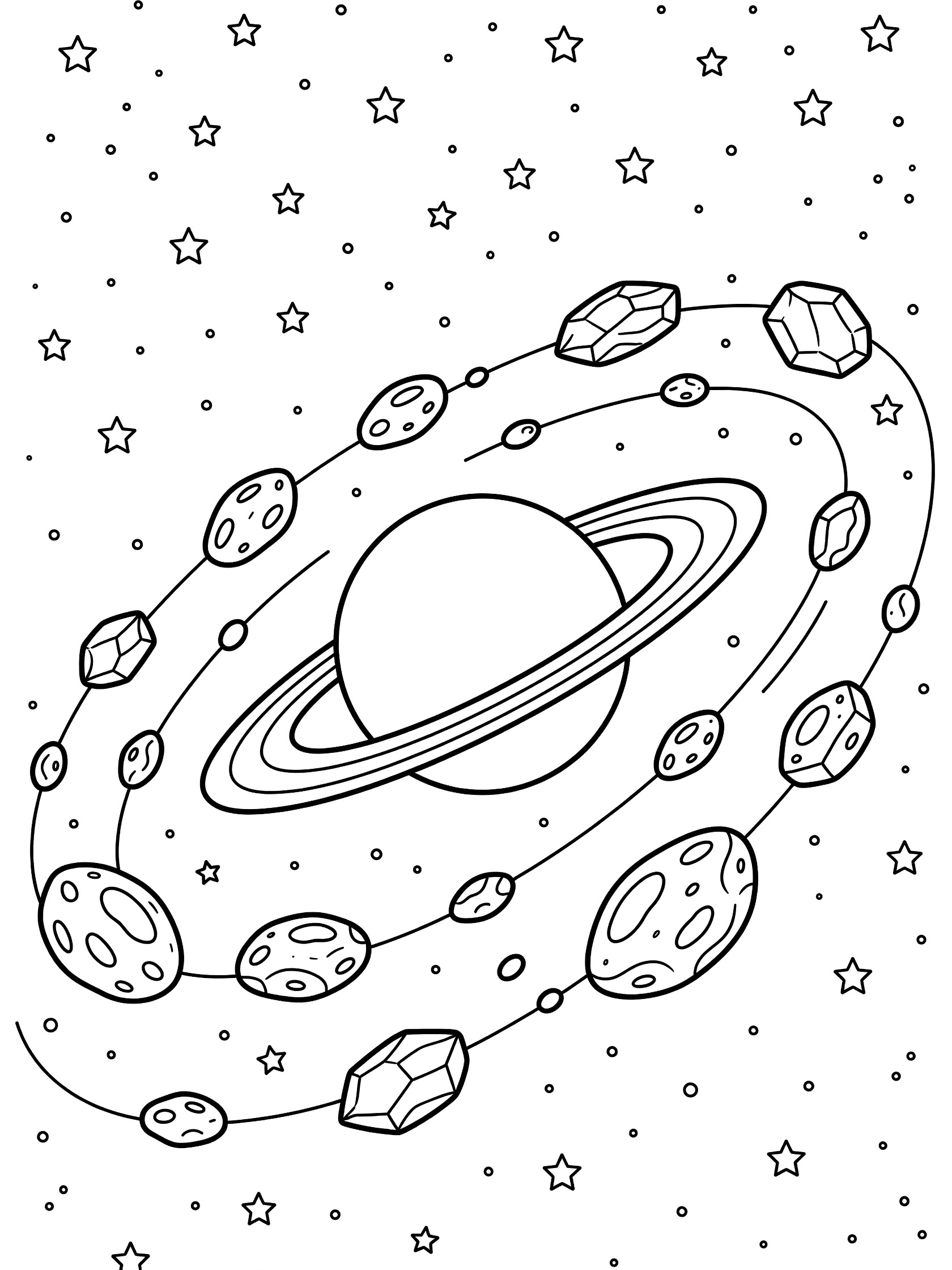 Black and white line art coloring page showing various asteroids with craters and crystals orbiting a ringed planet, connected by thin paths amid stars.
