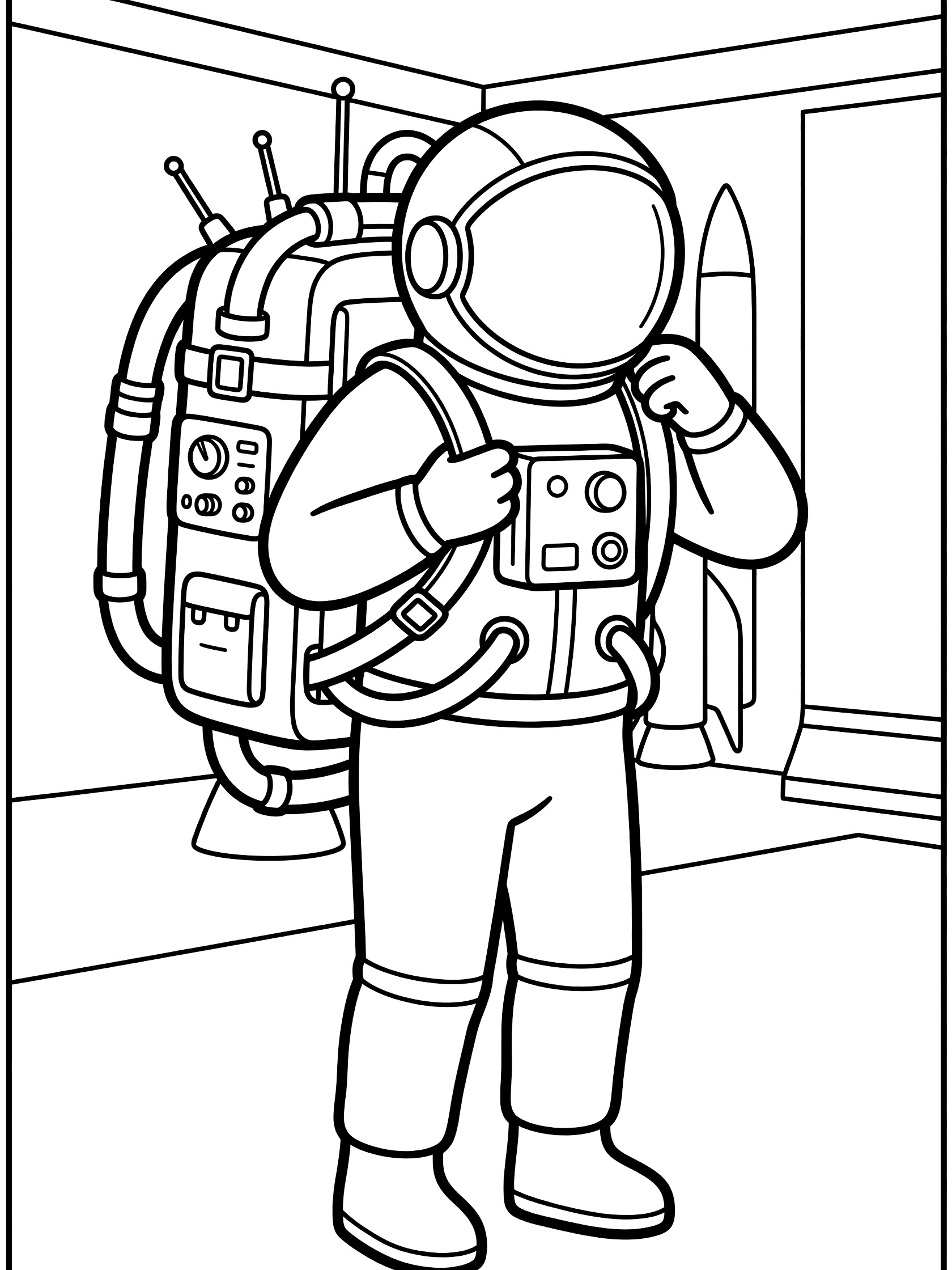 Black and white line art coloring page showing an astronaut attaching a bulky backpack to their spacesuit shoulders inside a simple rocket area with a rocket in the background. Astronaut Getting Ready themed black and white printable line art