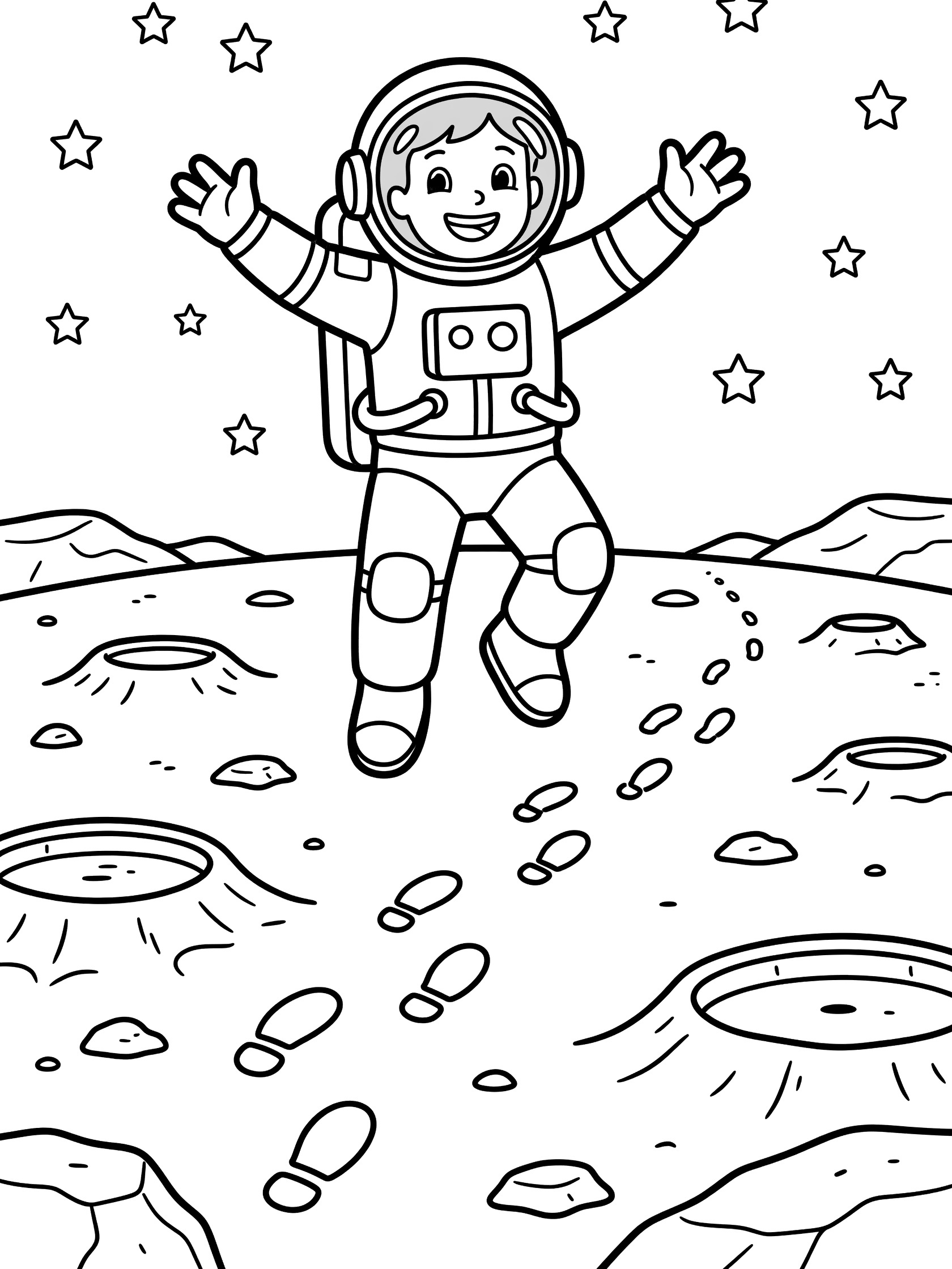 Black and white line art coloring page showing a happy astronaut in a spacesuit bouncing on the moon surface, arms outstretched, surrounded by stars, moon rocks, craters, and boot footprints. Chinese Astronauts themed black and white printable line art