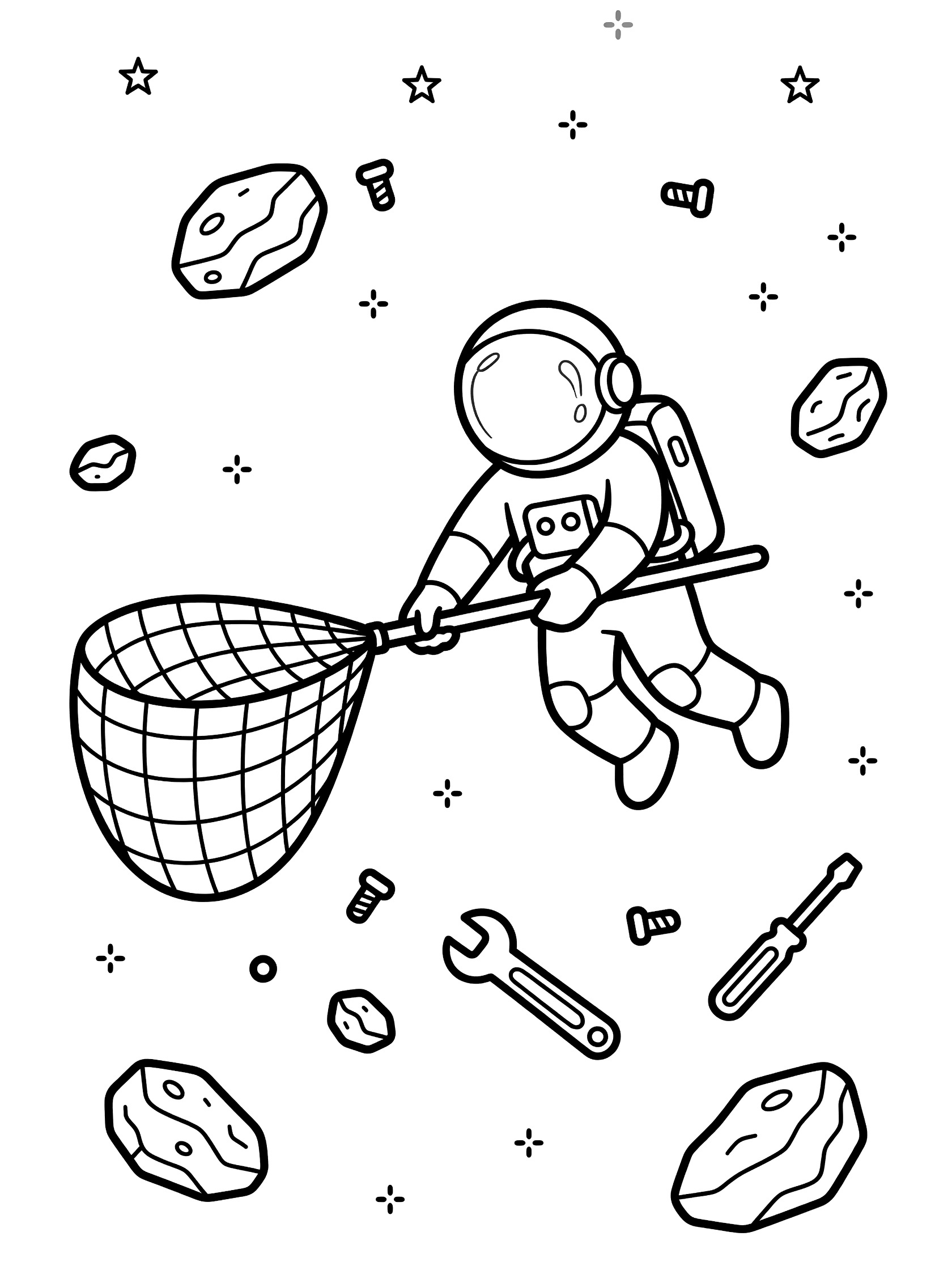 Black and white line art coloring page showing an astronaut in a spacesuit holding a net to catch drifting space rocks, bolts, wrench, screwdriver, and stars. Spacewalk themed black and white printable line art