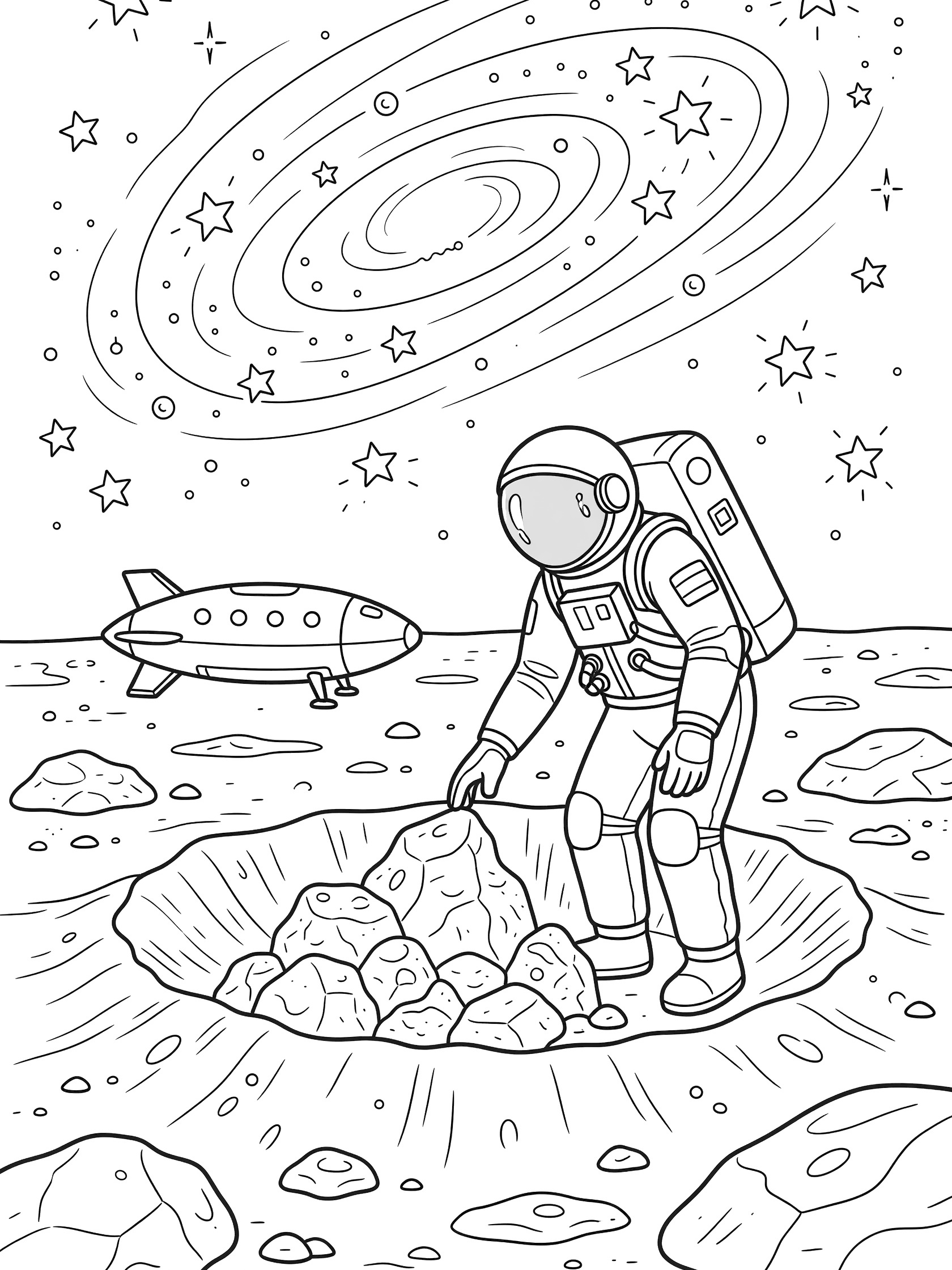 Line art coloring page showing astronaut picking up moon rocks in a crater, with parked spaceship and swirling galaxy stars overhead on The Moon surface.