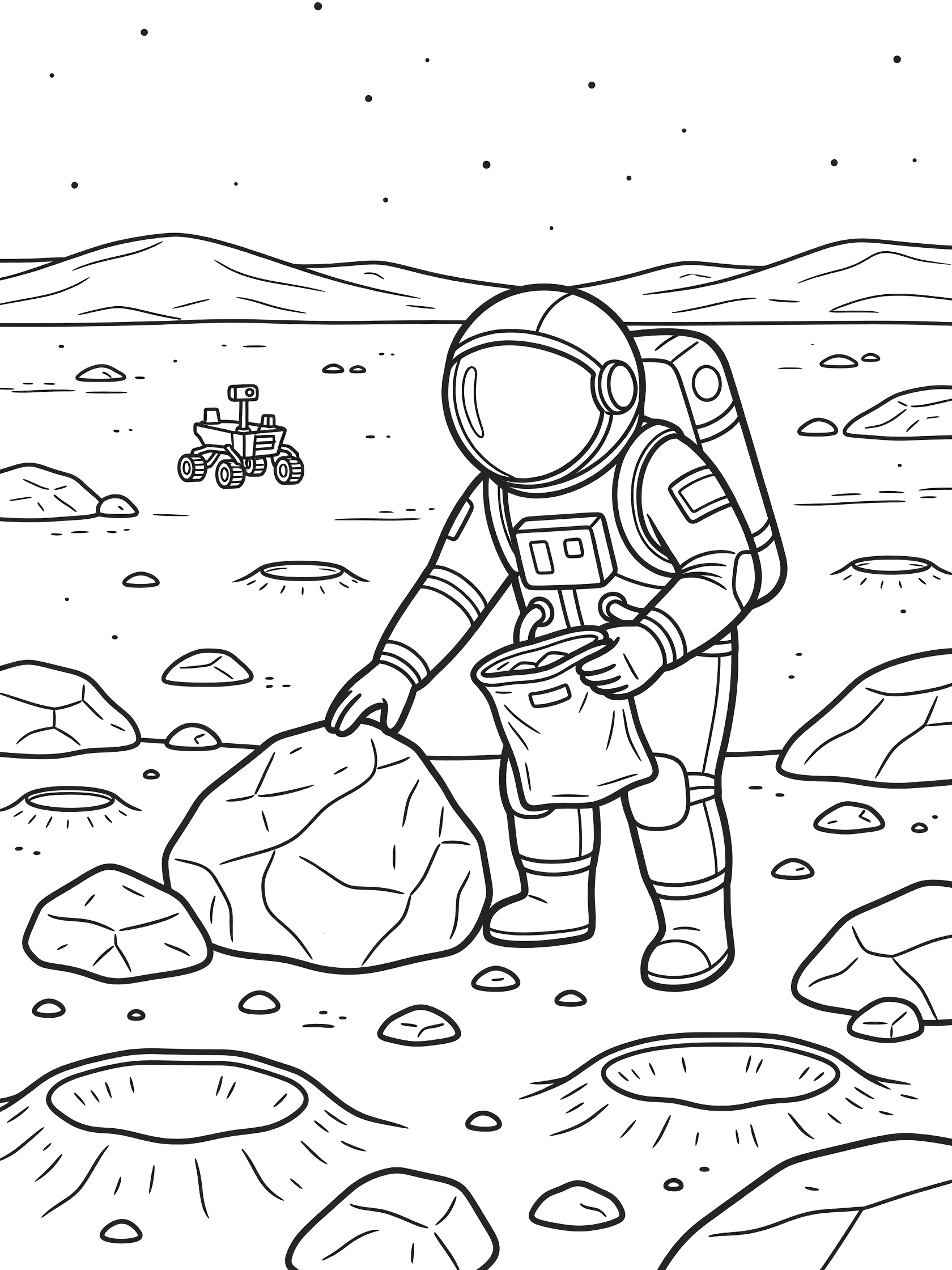 Black and white line art of astronaut in spacesuit bending to collect large rock on rocky Mars surface with rover and hills. Astronaut on the Mars themed black and white printable line art