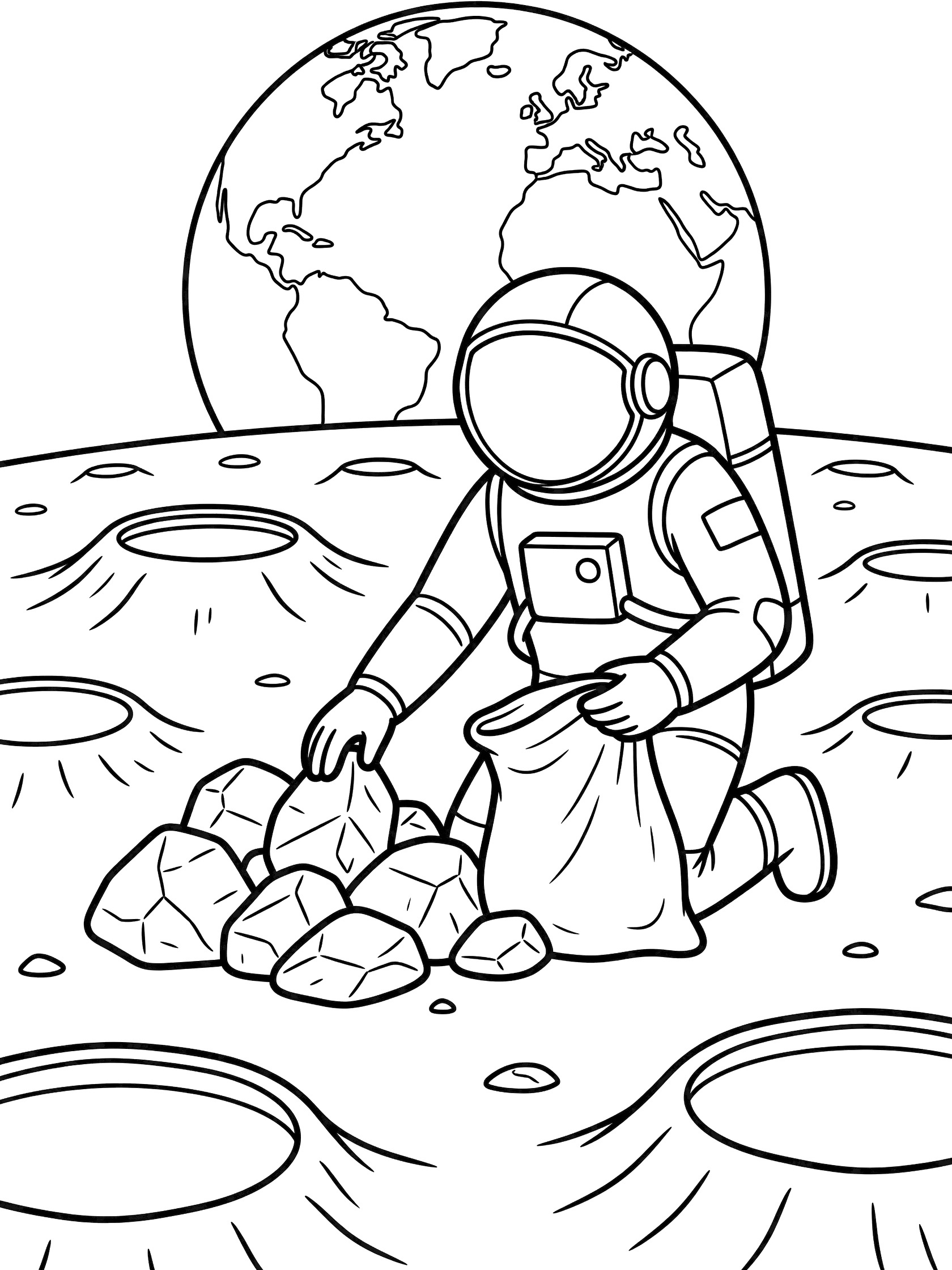 Black and white line art coloring page showing an astronaut in a spacesuit kneeling on the moon, picking up faceted rocks and putting them into a bag, surrounded by moon craters and the Earth above. Chinese Astronauts themed black and white printable line art