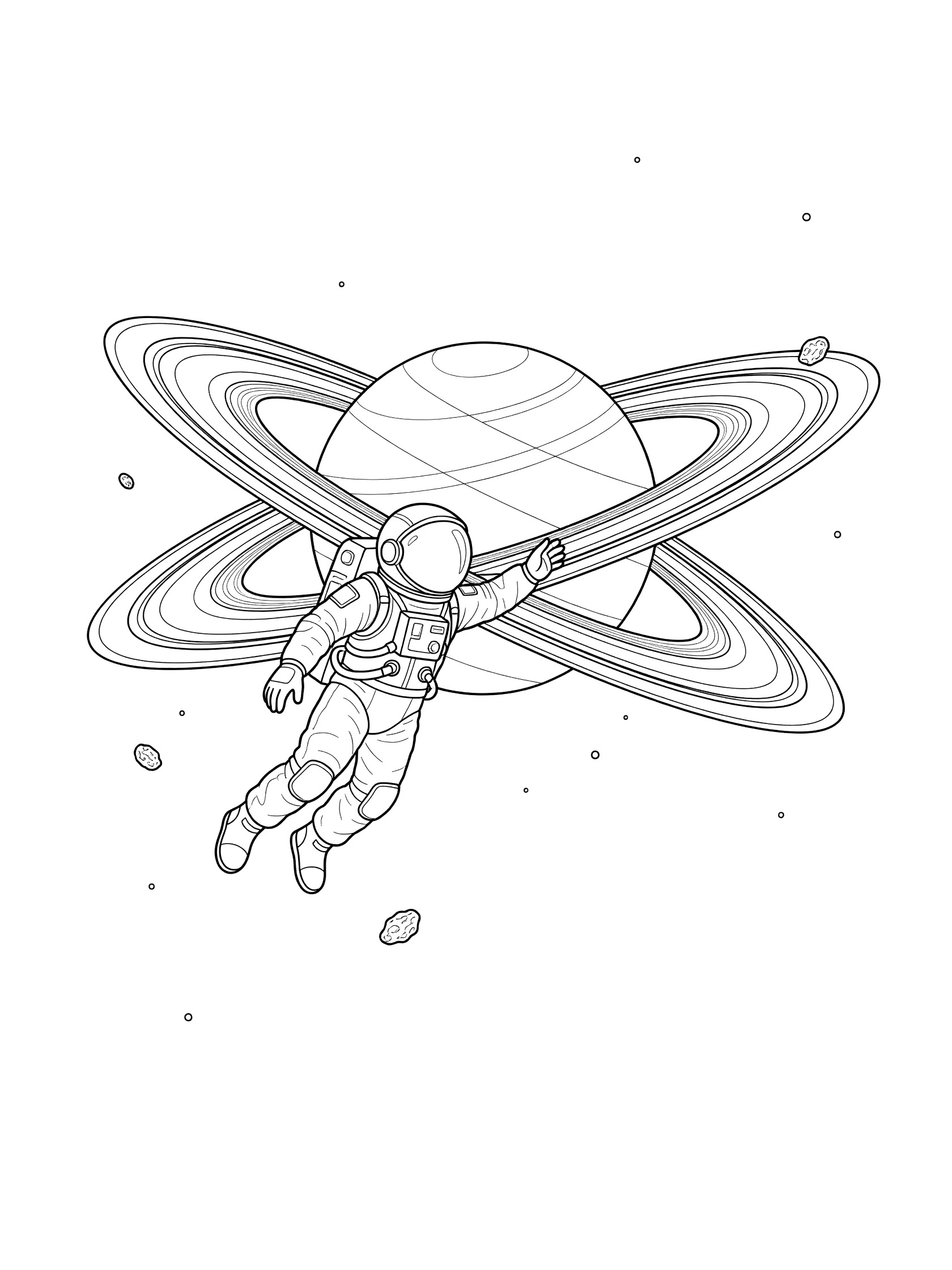 Black and white line art coloring page showing astronaut in spacesuit reaching toward Saturn's detailed rings, small asteroids drifting nearby in outer space.