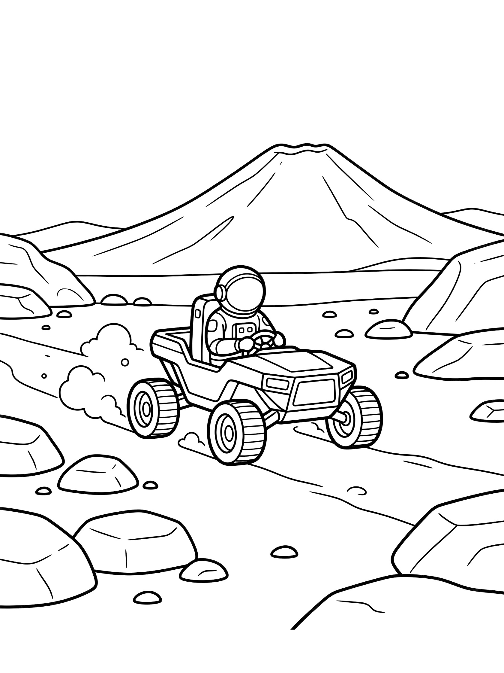 Black and white line art coloring page showing an astronaut in a helmet driving a four-wheeled rover kicking up dust on rocky ground with large boulders and a tall volcano in the background. Astronaut on the Mars themed black and white printable line art