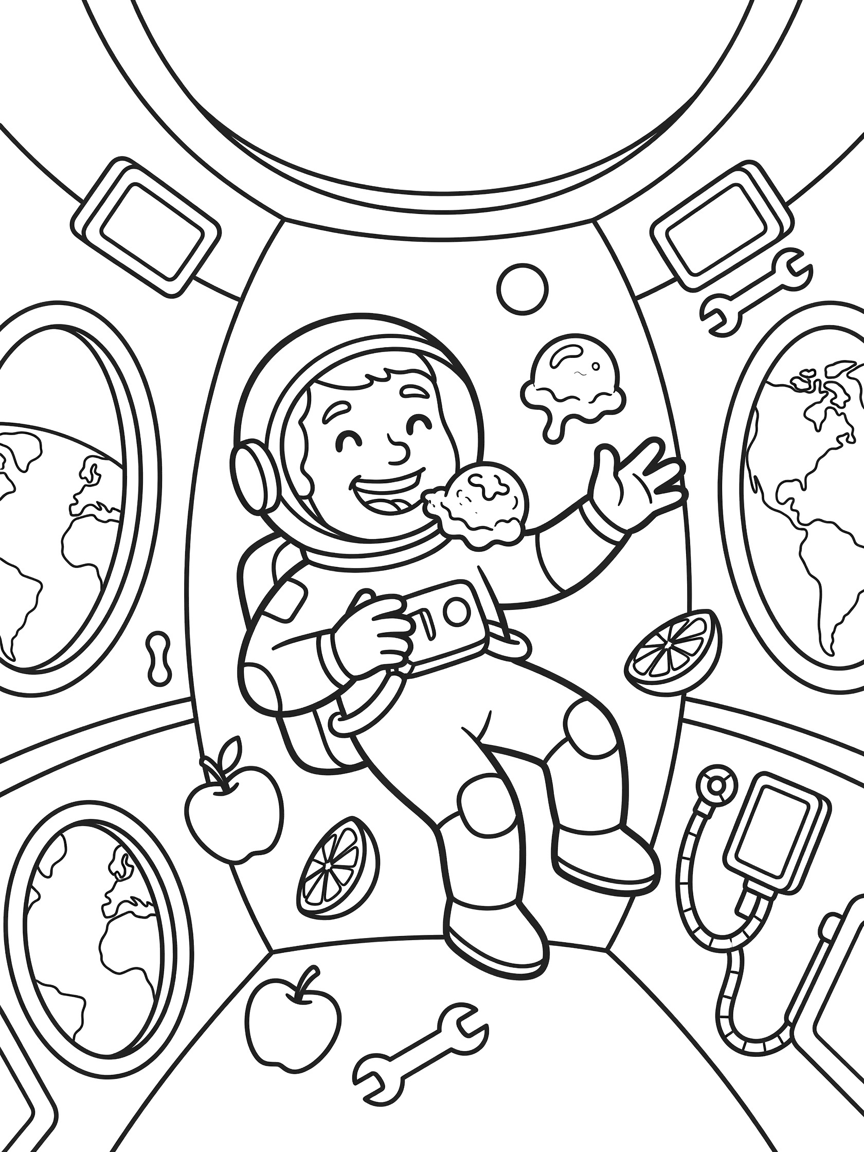 Black and white line art coloring page showing a happy astronaut in a spacesuit floating inside a space station module, holding and eating a floating ice cream scoop, with floating fruit blobs like orange slices and apple pieces, tools like wrench and equipment drifting around, large round window and rectangular windows showing planet Earth below, clean coloring book style. NASA Astronauts themed black and white printable line art