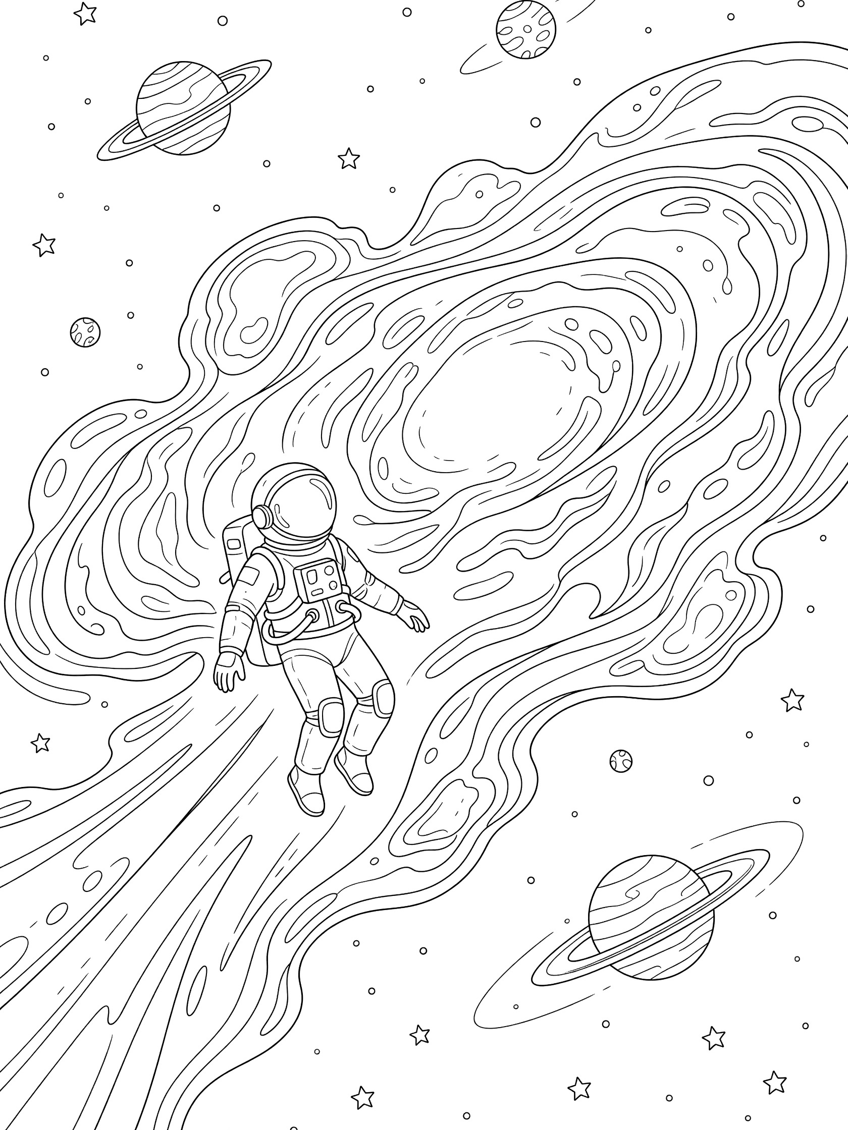 Line art coloring page showing an astronaut in spacesuit approaching expansive nebula clouds, surrounded by planets and stars in the galaxy