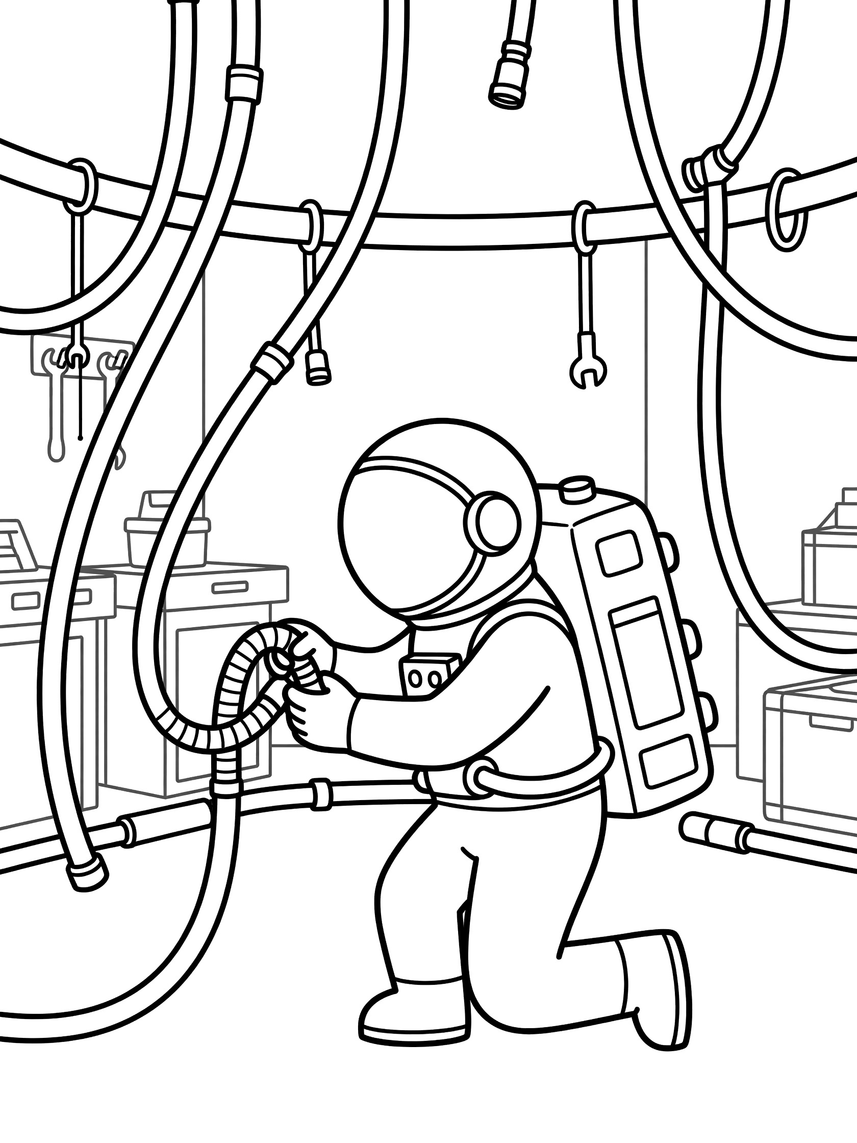 Black and white line art coloring page showing an astronaut in a spacesuit kneeling to twist an oxygen hose into a valve on their backpack, surrounded by dangling curved tubes, connectors, tools, and gear shelves in a room. Astronaut Getting Ready themed black and white printable line art