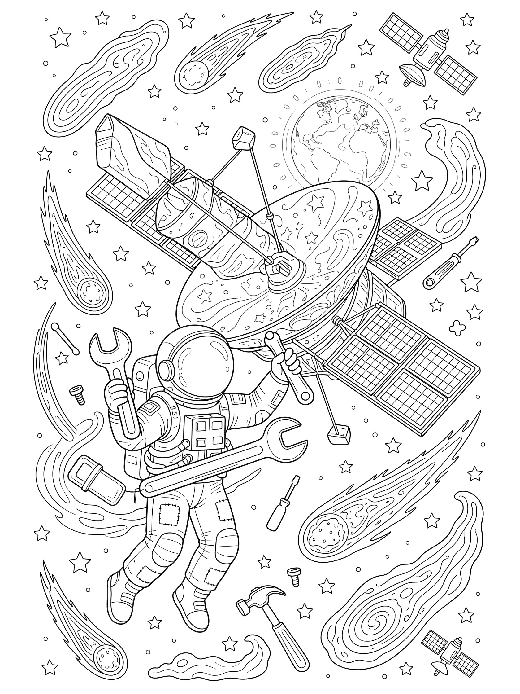 Black and white line art coloring page showing an astronaut repairing a detailed space telescope in outer space with Earth and stars in the background