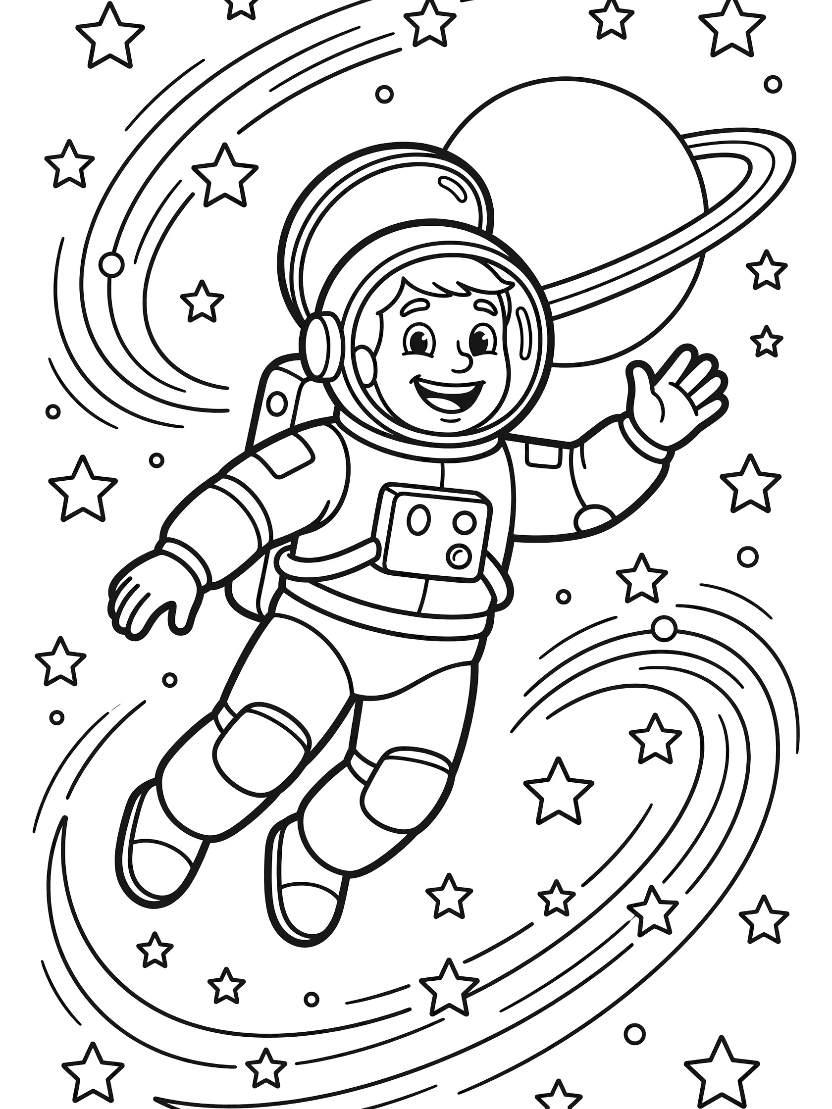 Black and white line art coloring page showing a smiling astronaut in puffy spacesuit with open helmet, floating in space surrounded by stars and a ringed planet. Russian Cosmonauts themed black and white printable line art