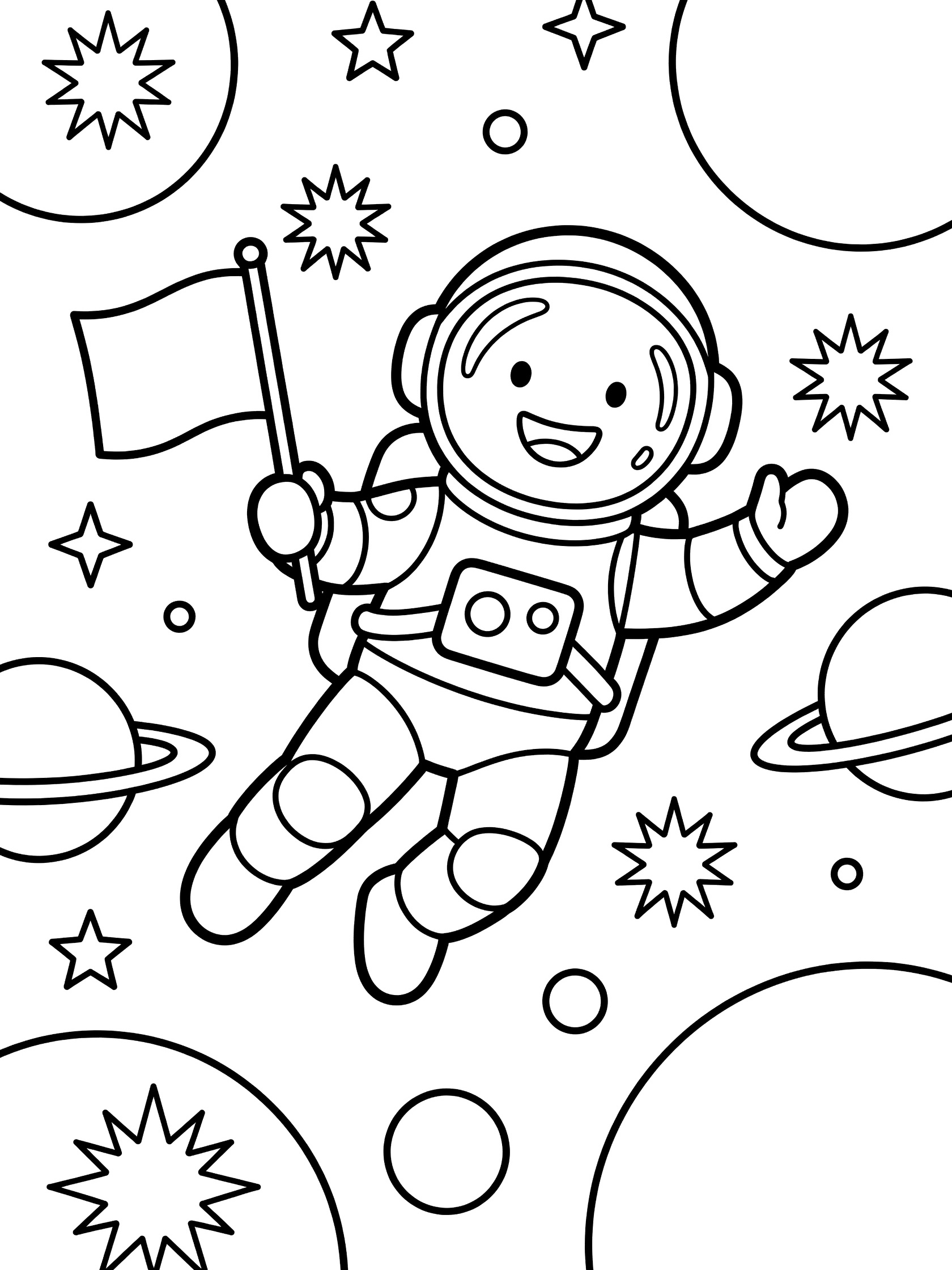 Black and white line art coloring page showing a smiling astronaut in a spacesuit floating among stars and planets while holding a flag. NASA Astronauts themed black and white printable line art