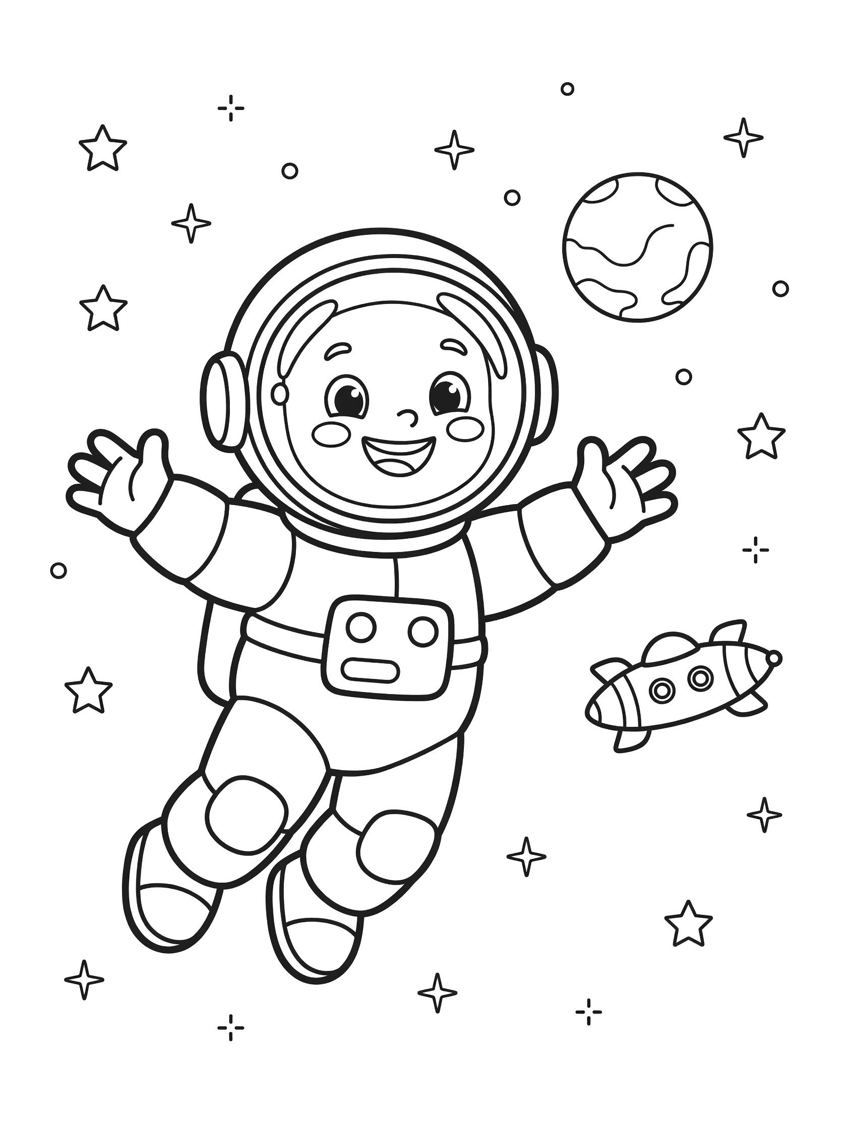 Cute cartoon astronaut in puffy spacesuit and big helmet, smiling and floating with arms out in outer space, surrounded by stars, a round planet, and a nearby spaceship. Line art for easy coloring.