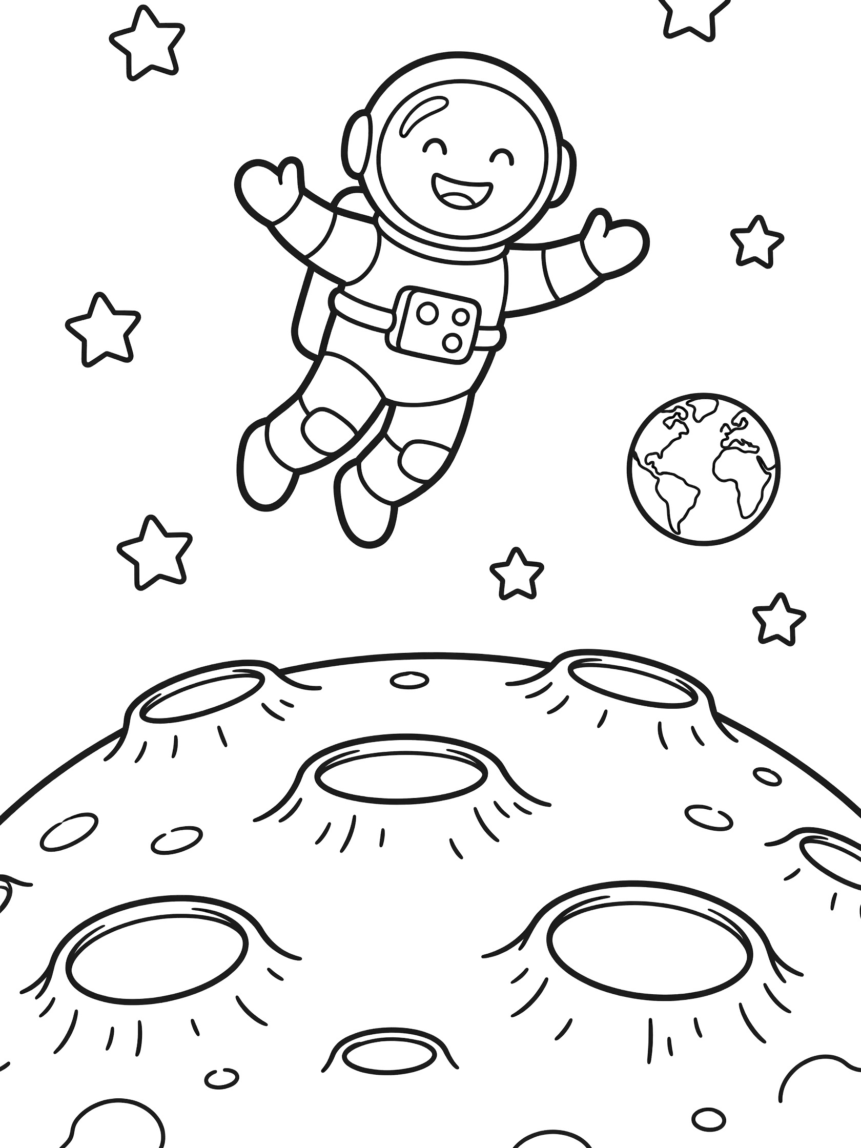 Black and white line art coloring page showing a smiling astronaut in spacesuit floating with arms out above moon craters, Earth globe and cute stars in the background. Astronaut on the Moon themed black and white printable line art