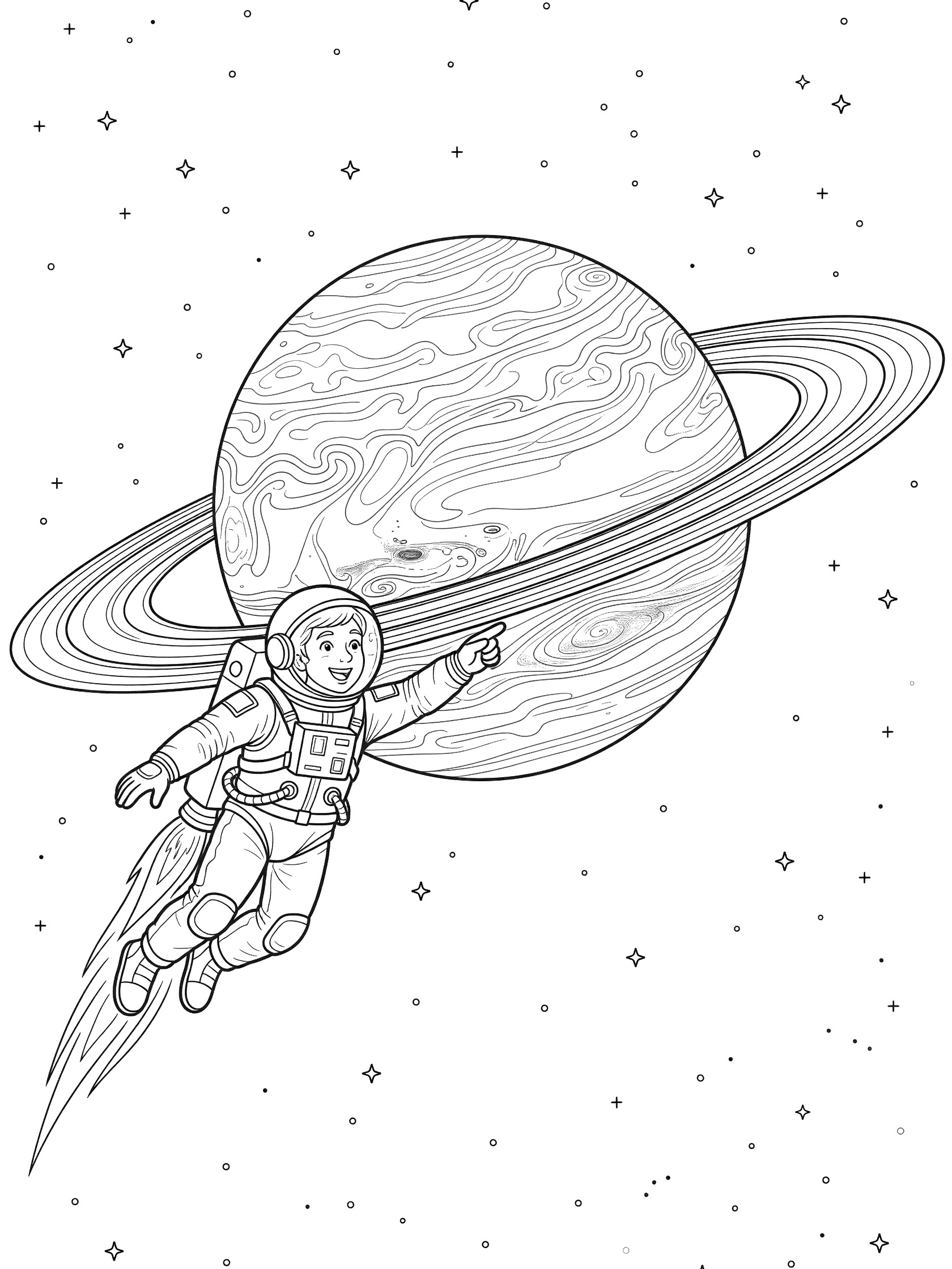 Black and white line art coloring page showing astronaut in spacesuit with jetpack floating near massive Uranus planet with rings, pointing excitedly amid stars.