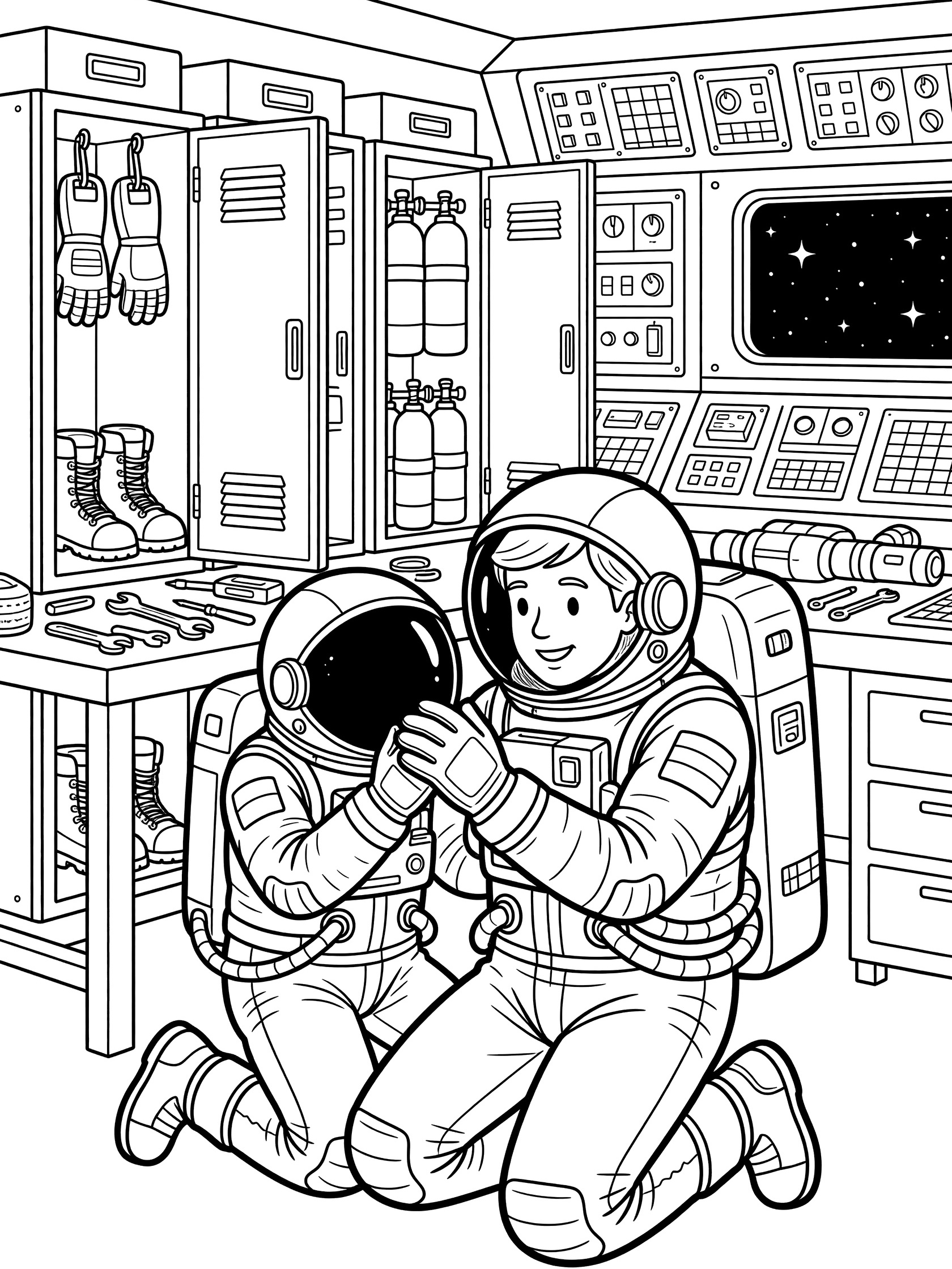 Children's coloring page showing astronaut getting ready, kneeling to inspect helmet visor and seals in gloved hands inside spaceship prep room with open lockers and workbench.