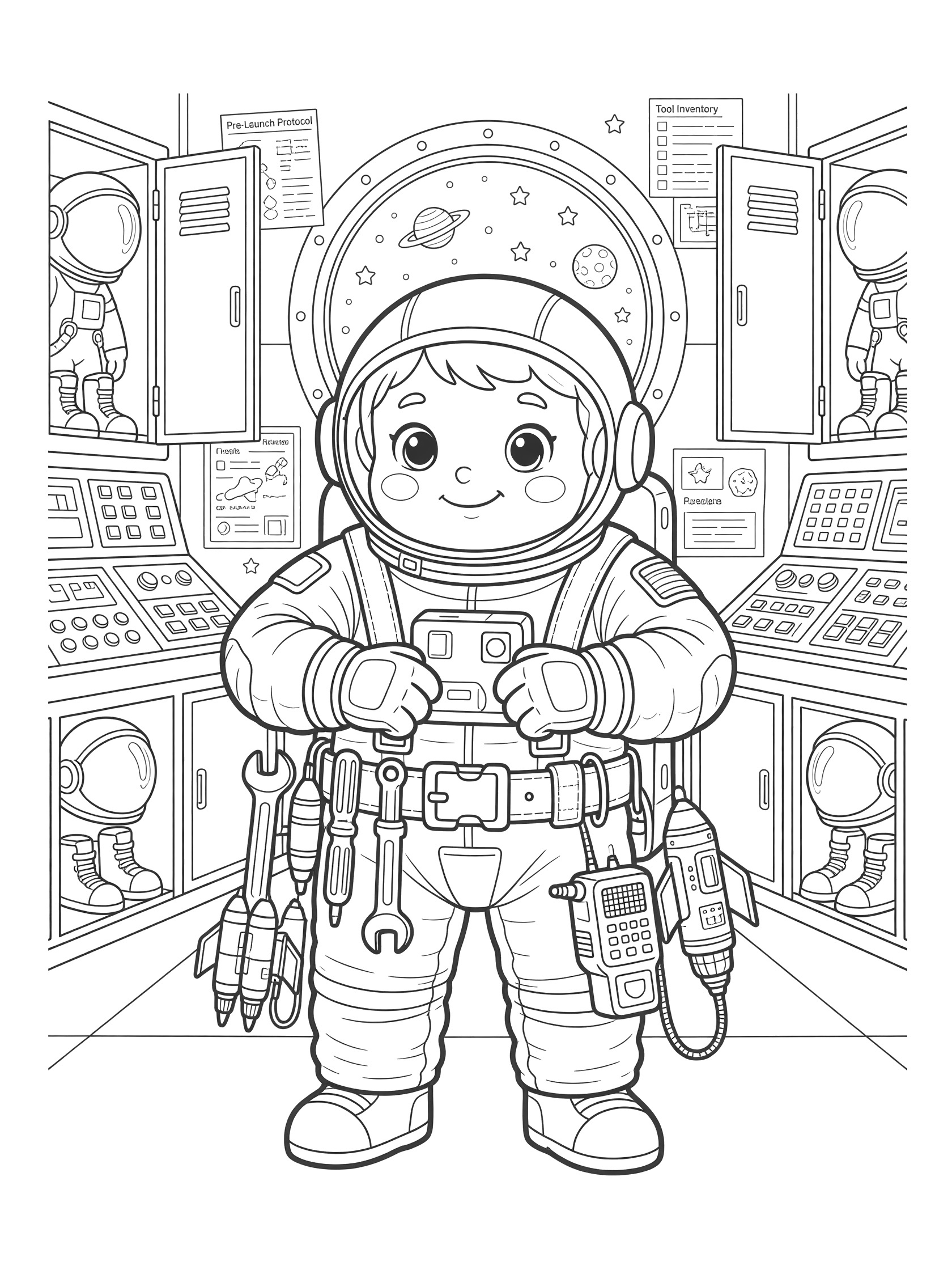 Black and white line art of a chubby-cheeked astronaut buckling a dangling tool belt around puffy spacesuit in a spaceship room with open lockers and planets outside.