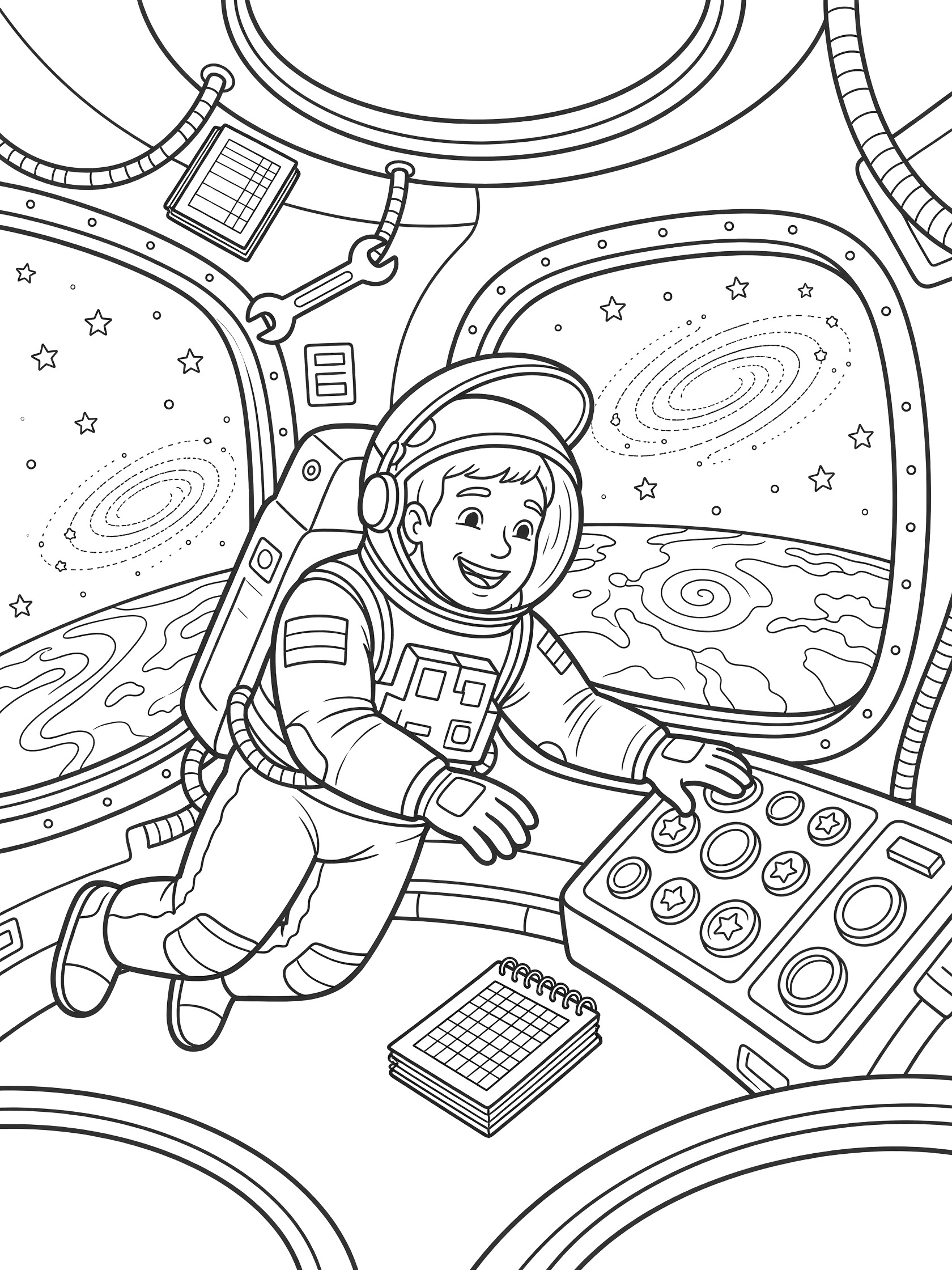 Black and white coloring page showing a smiling astronaut in a spacesuit floating inside a space station with control panels, buttons, a notebook, stars, galaxies, and a planet visible through round windows. Russian Cosmonauts themed black and white printable line art