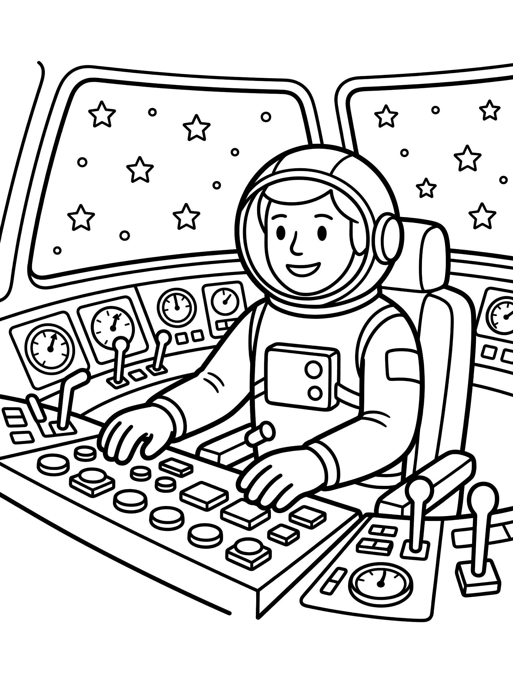 Black and white line art coloring page showing an astronaut in a spaceship cockpit pressing buttons on the control panel with stars visible through the window. NASA Astronauts themed black and white printable line art